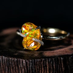 Great Solid 14K Gold Fire Opal Cocktail Ring with Diamonds