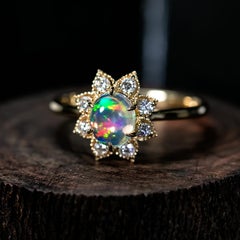 Great Sunflower Fire Opal Diamond Engagement Ring 14K Yellow Gold