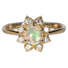 Great Sunflower Fire Opal Diamond Engagement Ring 14K Yellow Gold