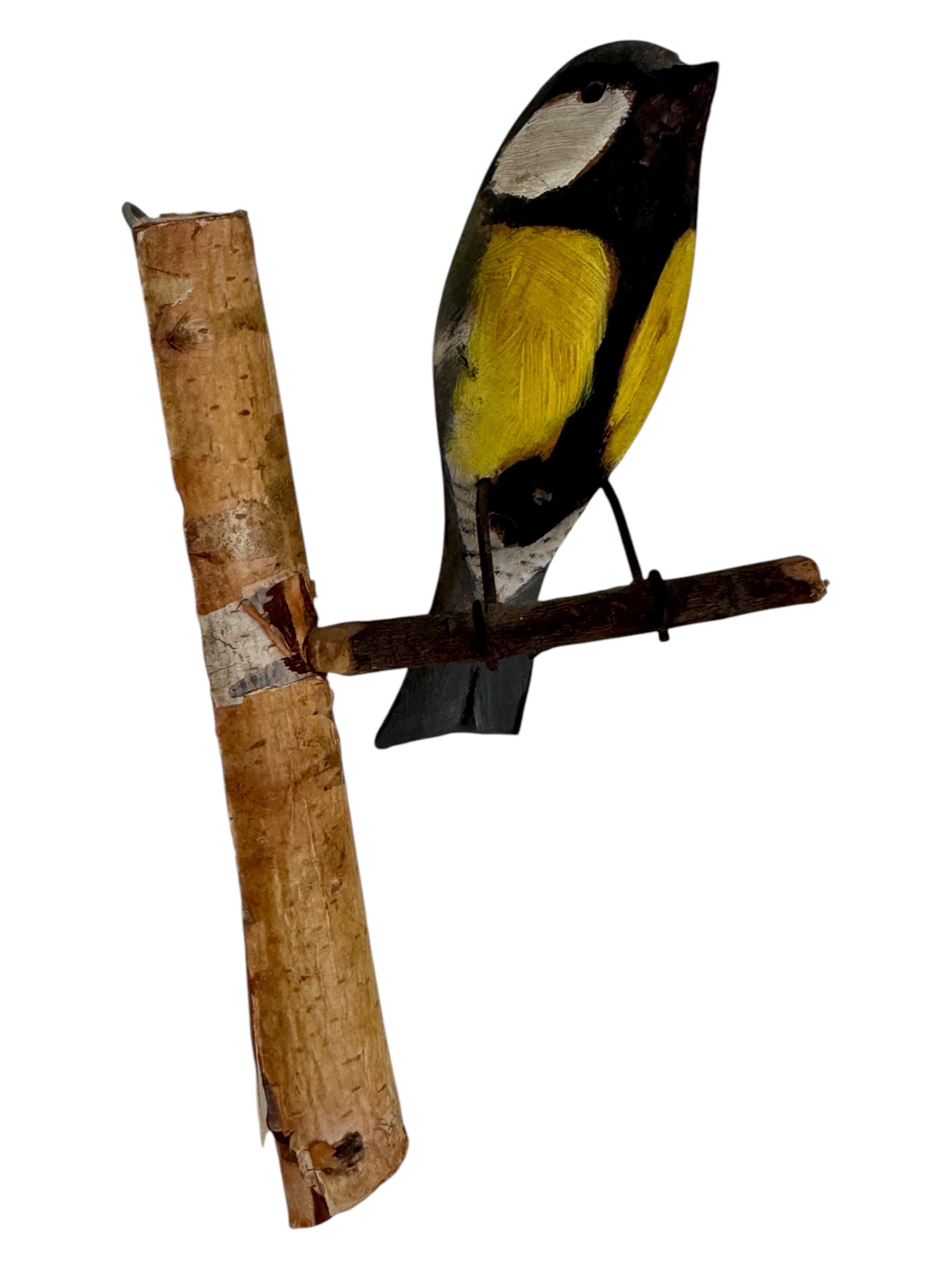 Austrian Great Tit Viechtauer Hand Carved Wood Bird Black Forest Folk Art, Austria, 1920s