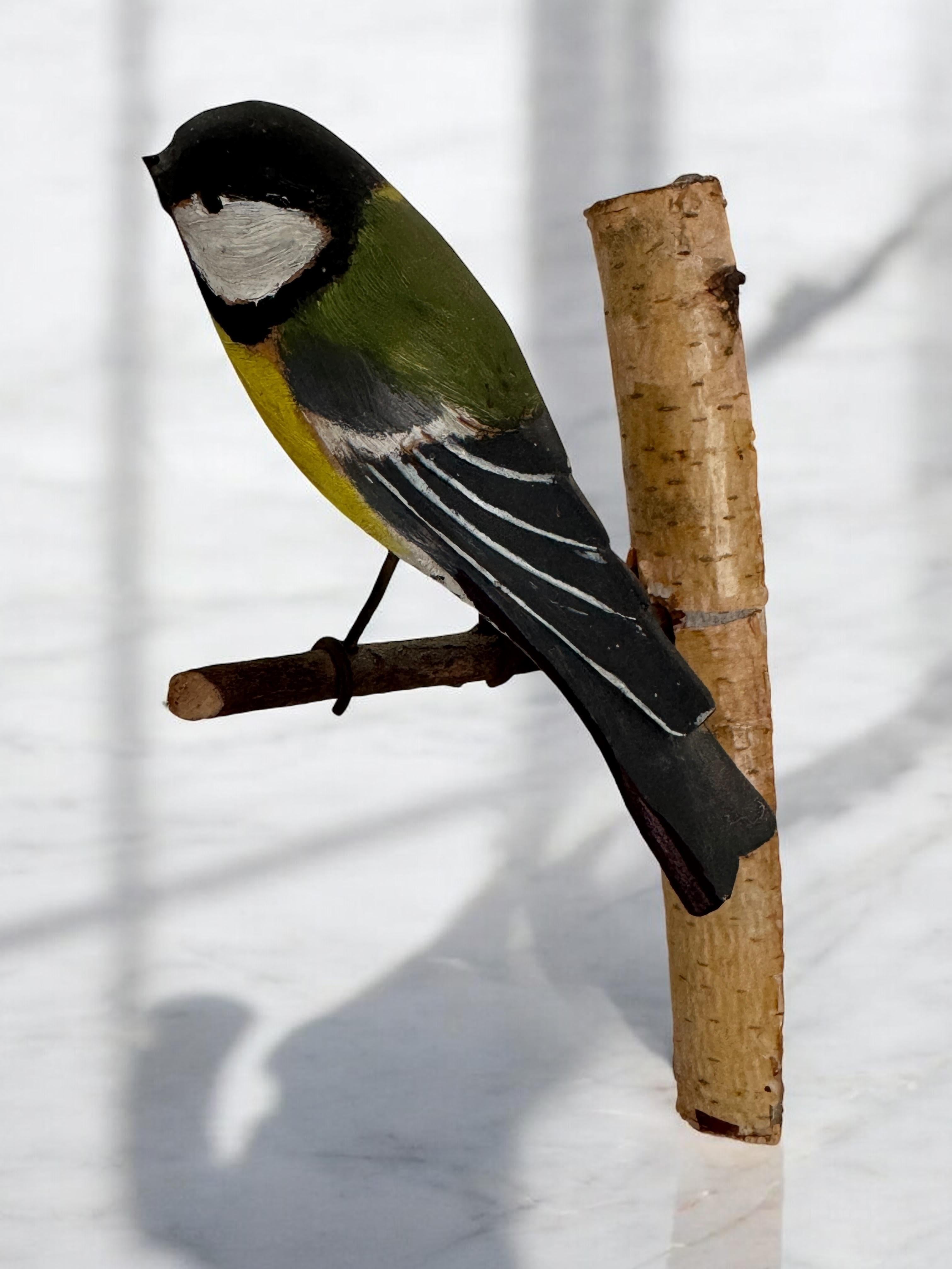 Early 20th Century Great Tit Viechtauer Hand Carved Wood Bird Black Forest Folk Art, Austria, 1920s
