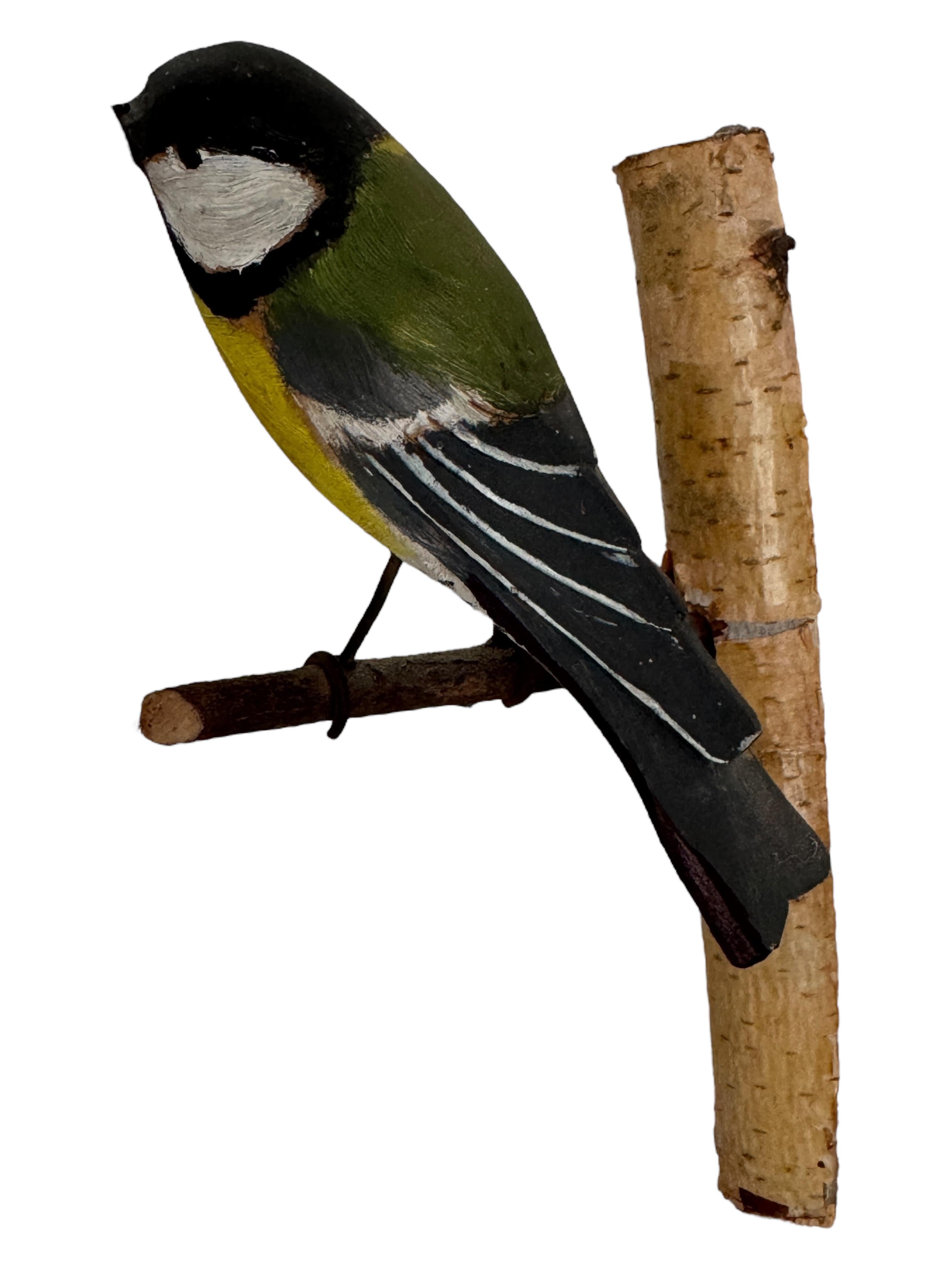 Great Tit Viechtauer Hand Carved Wood Bird Black Forest Folk Art, Austria, 1920s 1