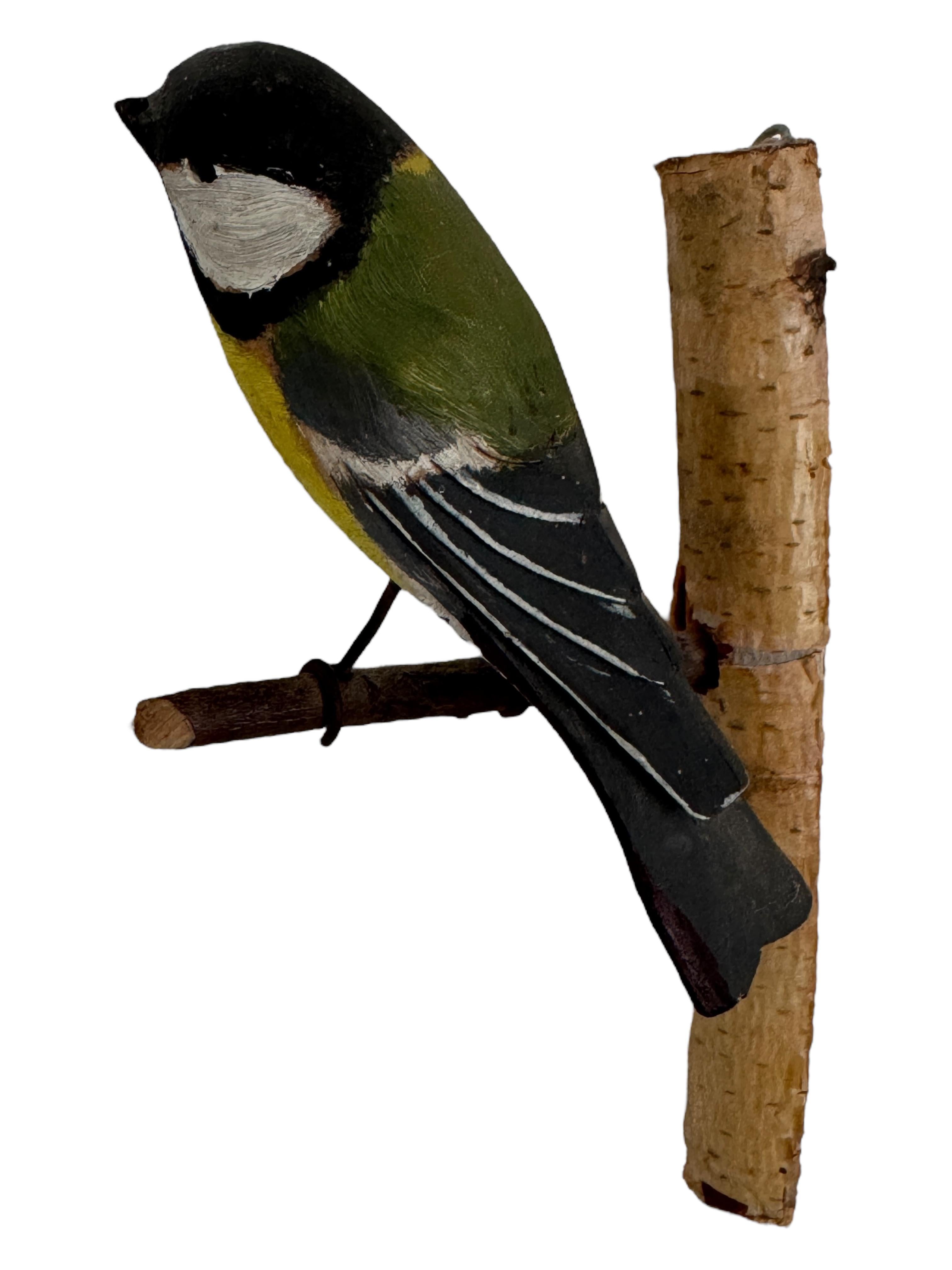 Great Tit Viechtauer Hand Carved Wood Bird Black Forest Folk Art, Austria, 1920s 3