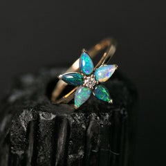 Great Unique Black Opal & Diamond Floral Ring 14K Yellow Gold