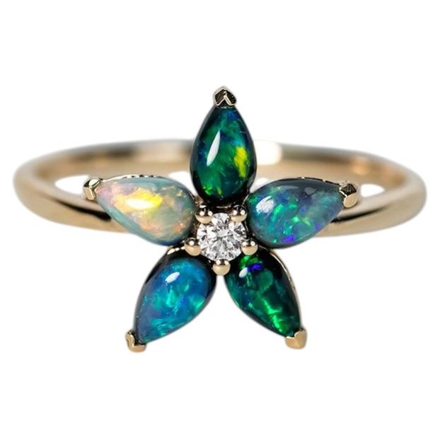 Bague florale en or jaune 14K avec opale noire et diamant, unique en son genre
