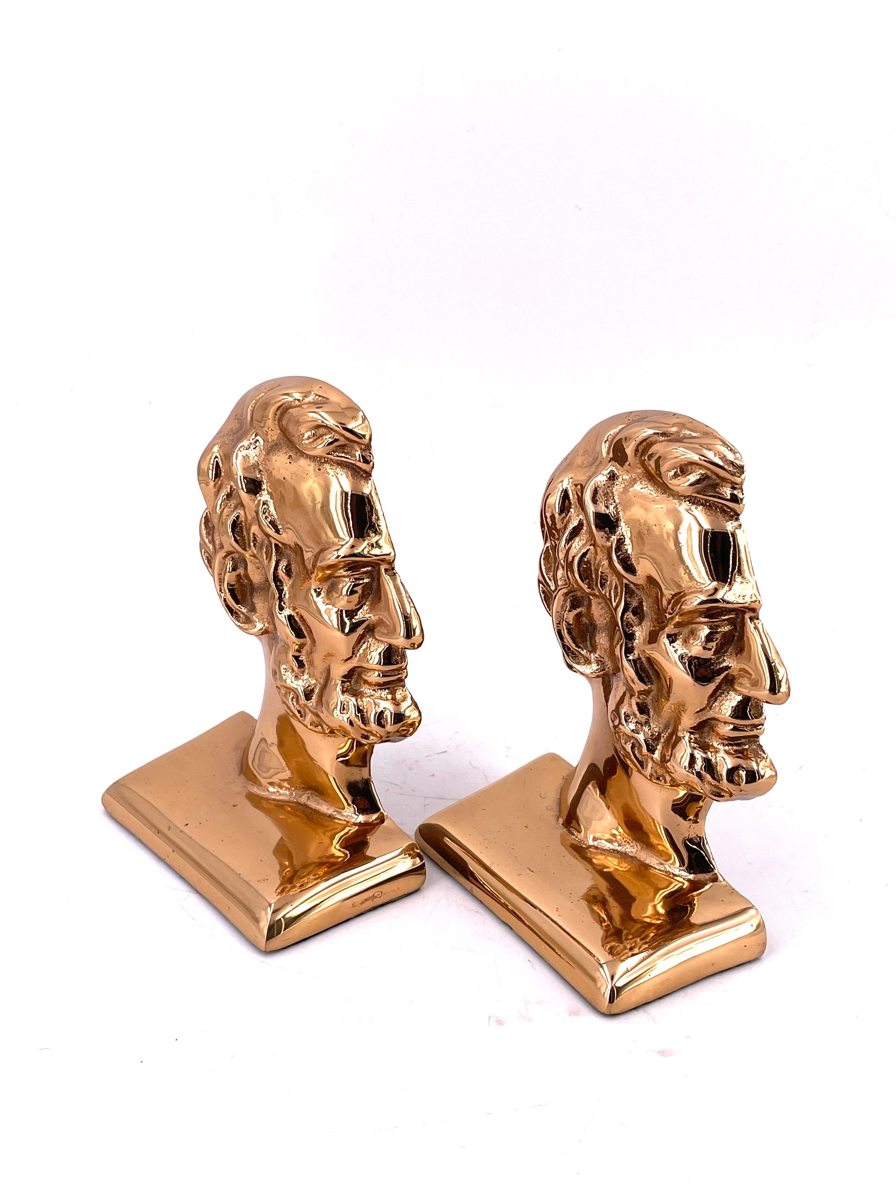 American Great & Unique Rose Brass Plated Solid Cast Iron Pair of Lincoln Bookends