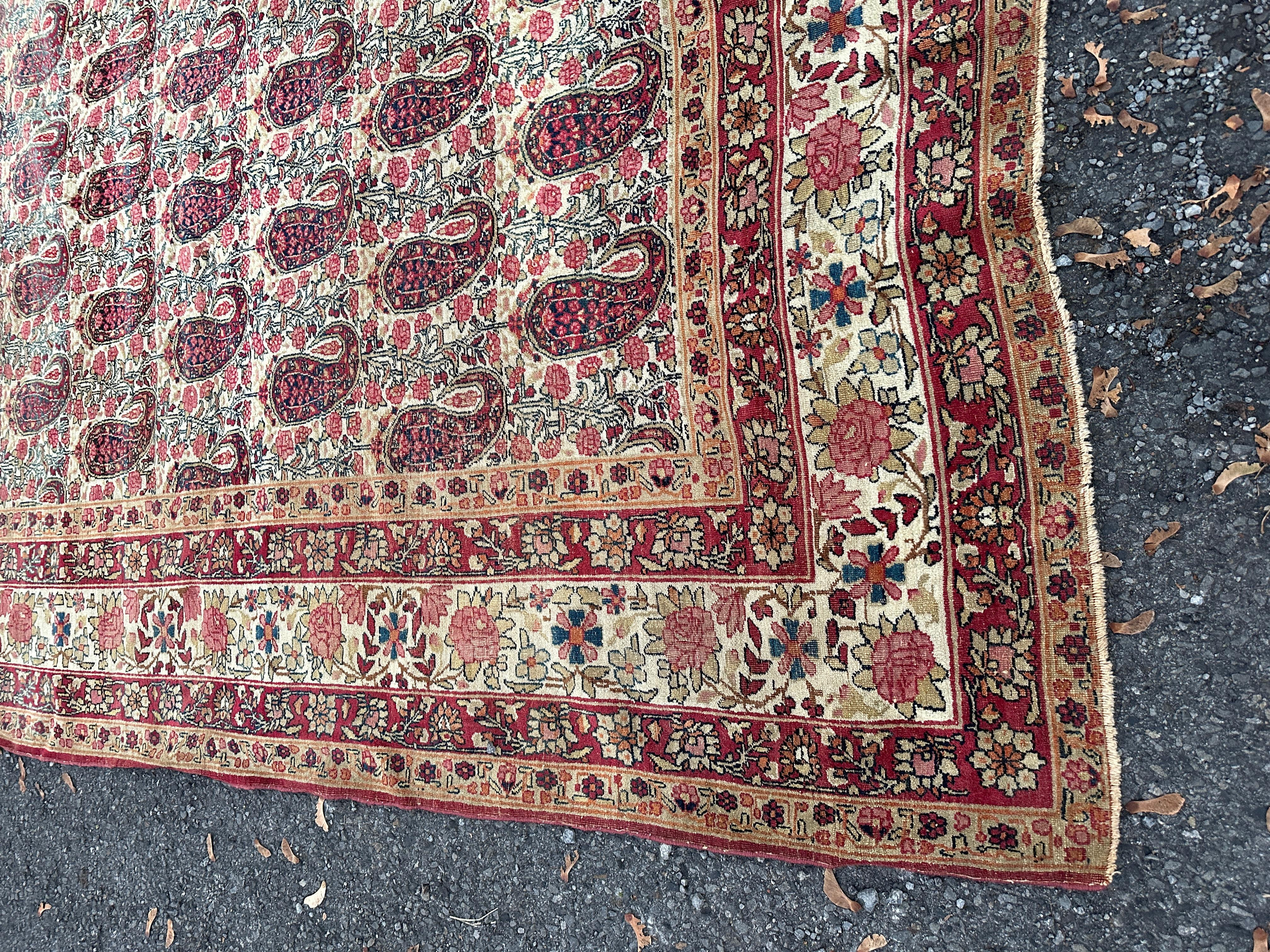 This is an Antique Persian Levar Kerman rug from the late 1890s.  It is in excellent condition with no repairs or any loss to the rug.  Great all-over design with great natural dyes, as shown in photos.  The weave in this rug is very fine and very