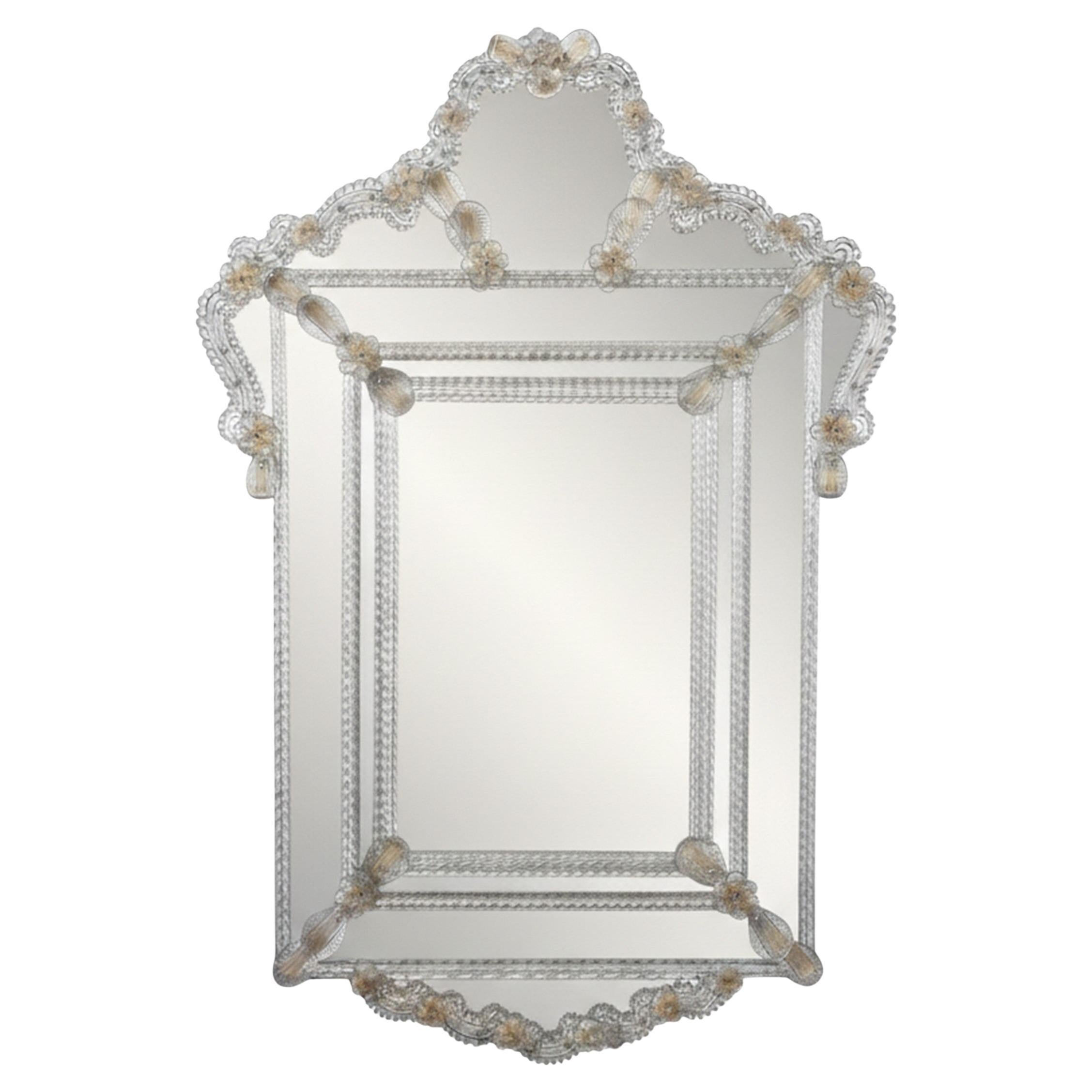 Miroir vénitien Great Wall en verre de Murano, transparent et détails de fleurs dorées