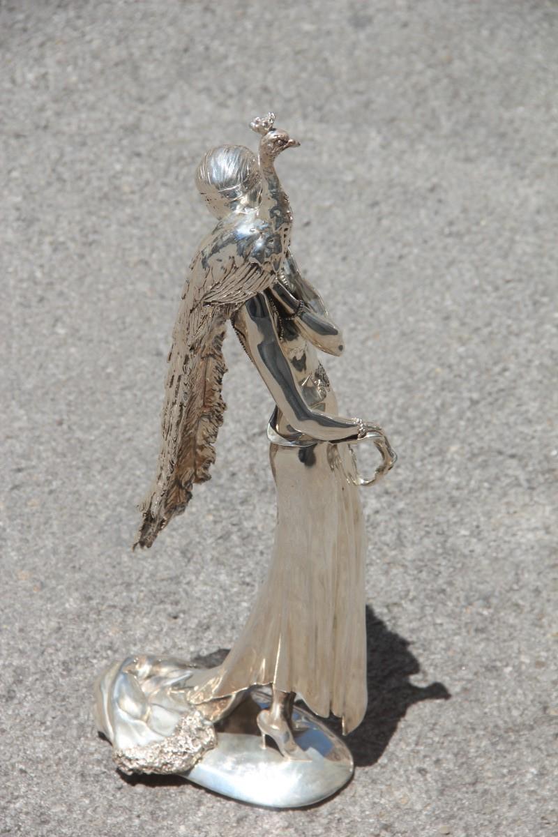 Great Woman with Art Deco Peacock in Resin and Silver Italian Design, 1970 7