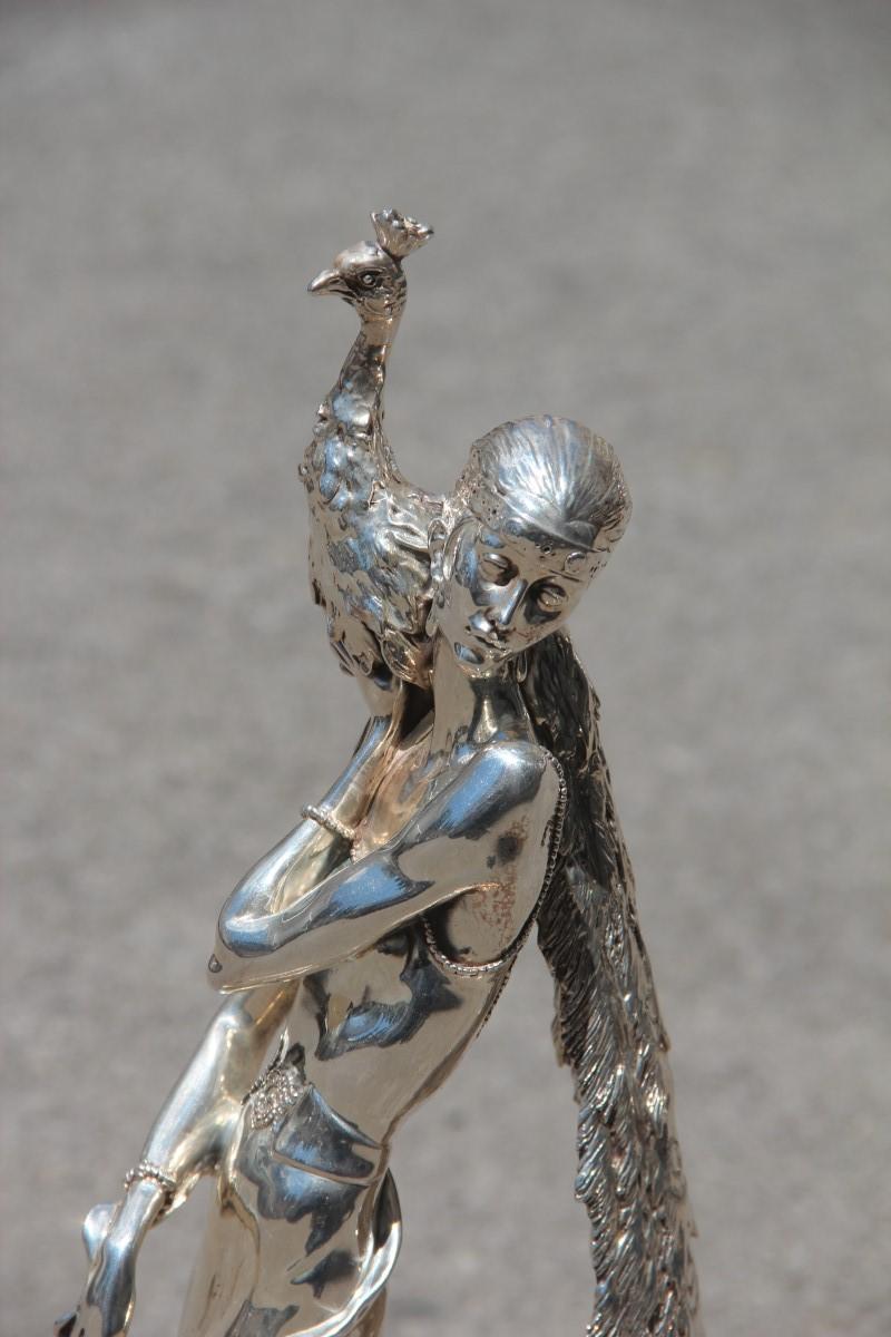 Great Woman with Art Deco Peacock in Resin and Silver Italian Design, 1970 4