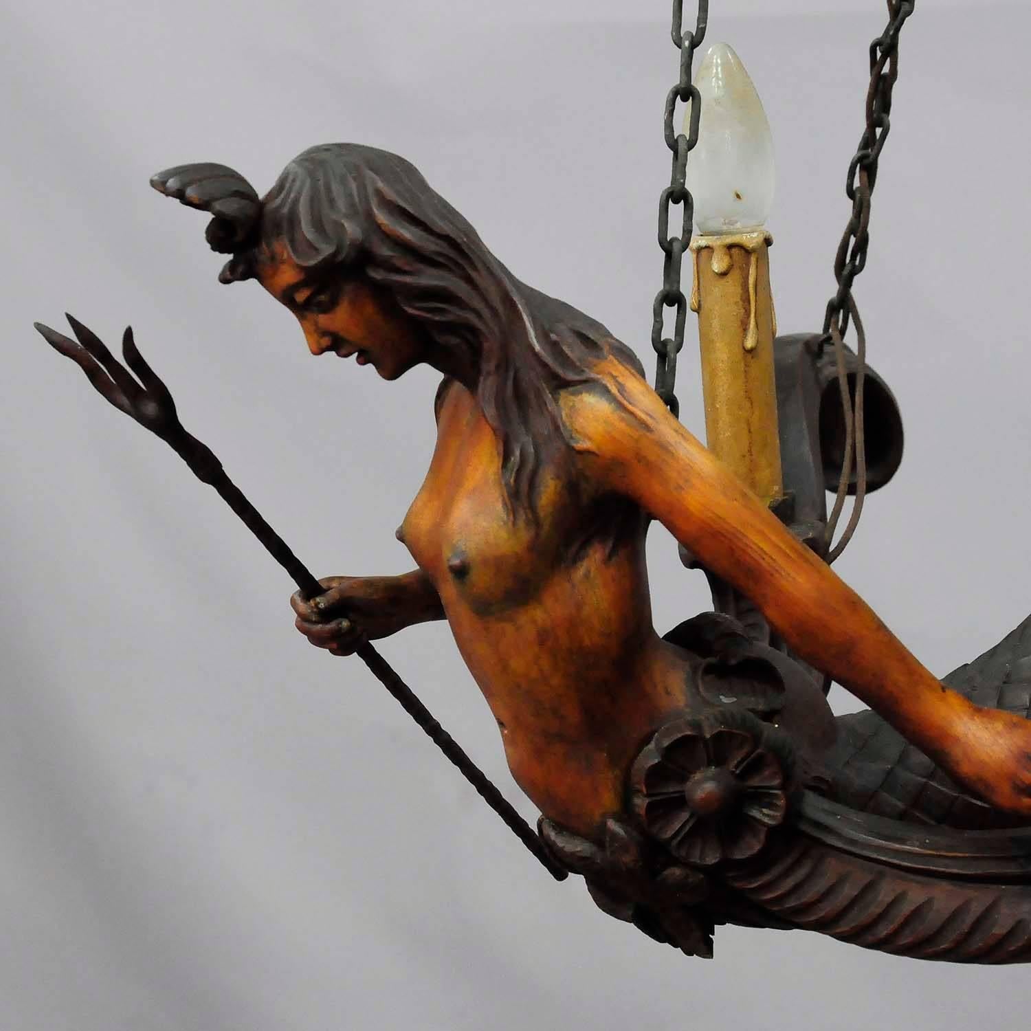 German Great Wooden Carved Mermaid Lusterweibchen