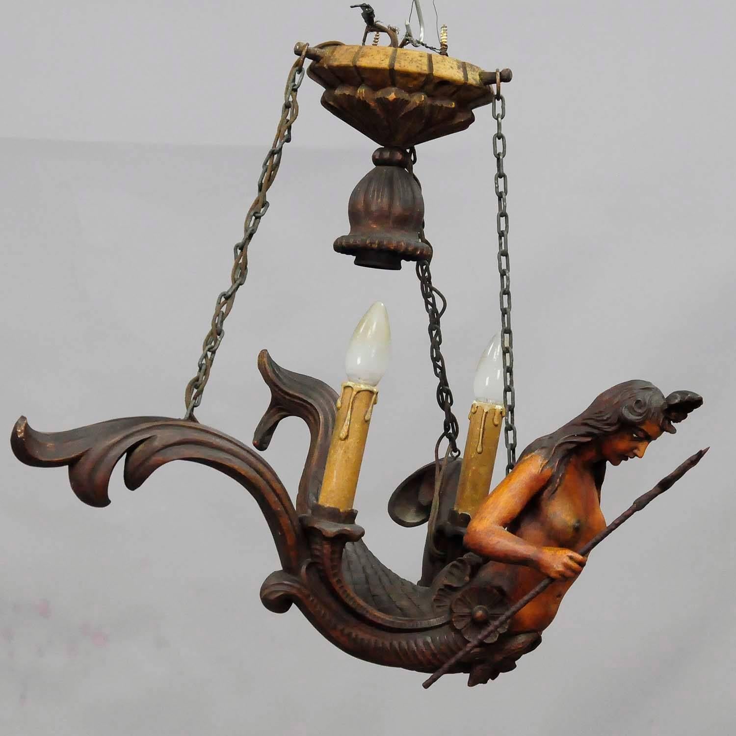 19th Century Great Wooden Carved Mermaid Lusterweibchen