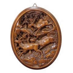 Great Wooden Carved Plaque with Stag Family, Brienz 1900s