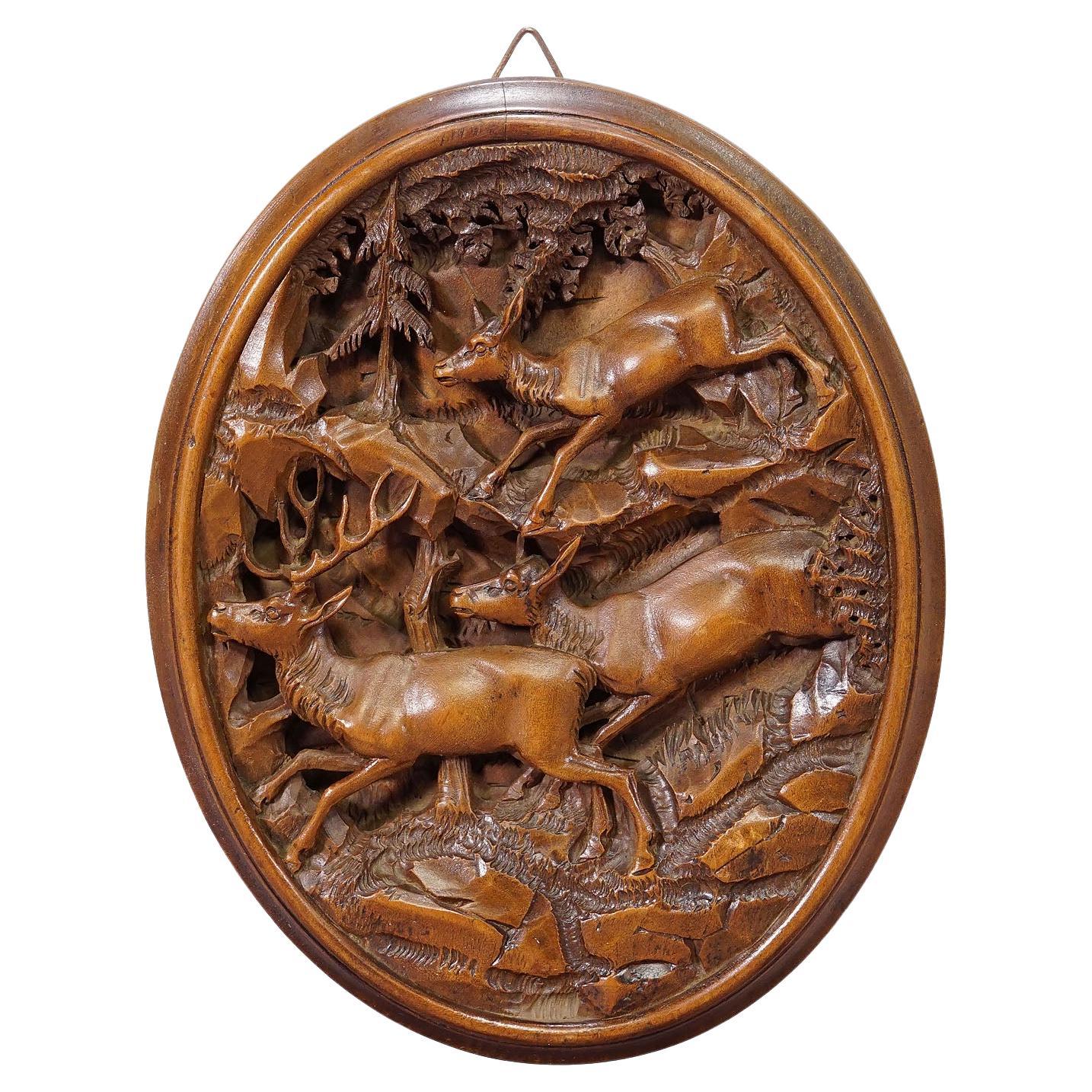 Great Wooden Carved Plaque with Stag Family, Brienz 1900s
