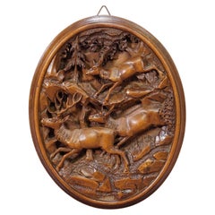 Great Wooden Carved Plaque with Stag Family, Brienz 1900s