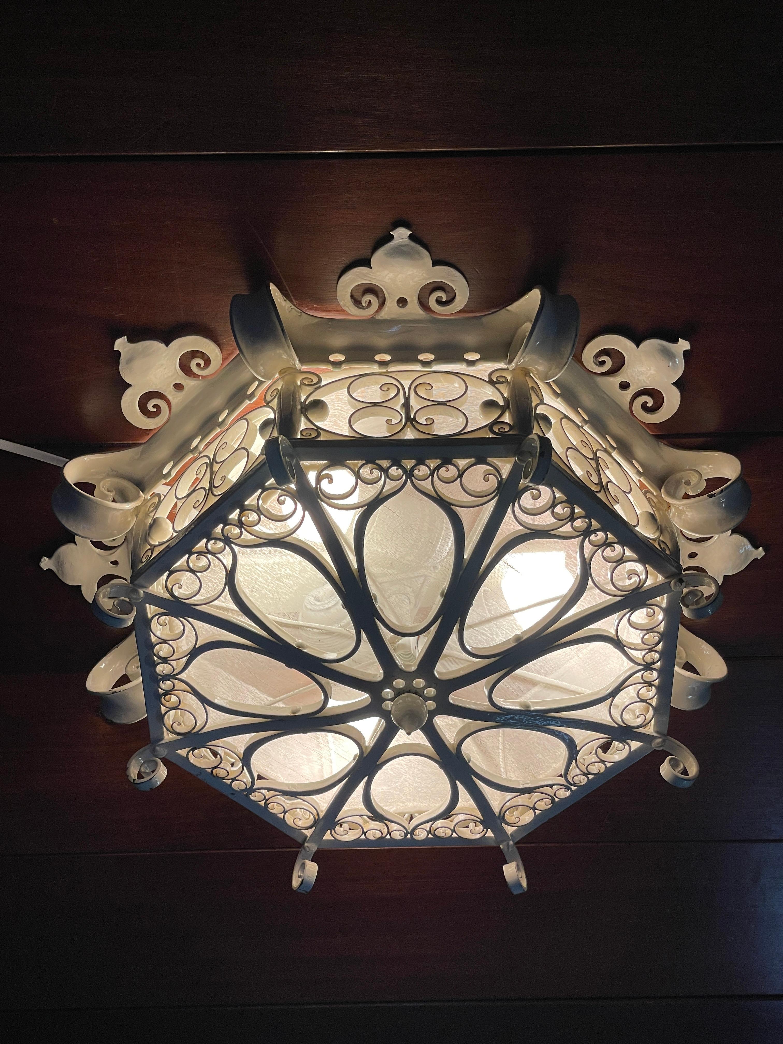 Great Workmanship White Painted Wrought Iron 3-Light Flush Mount / Ceiling Lamp 5