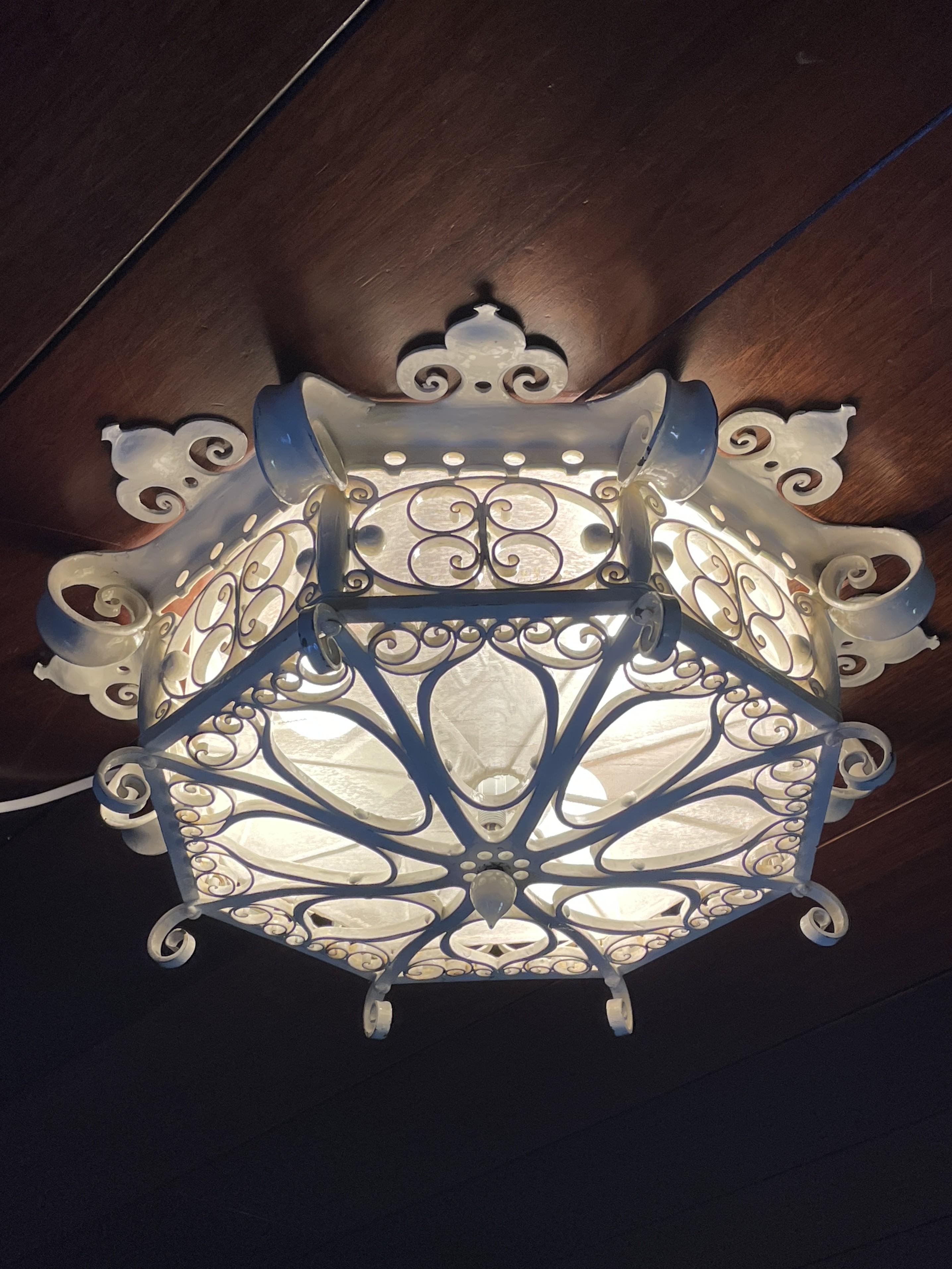 Great Workmanship White Painted Wrought Iron 3-Light Flush Mount / Ceiling Lamp 7