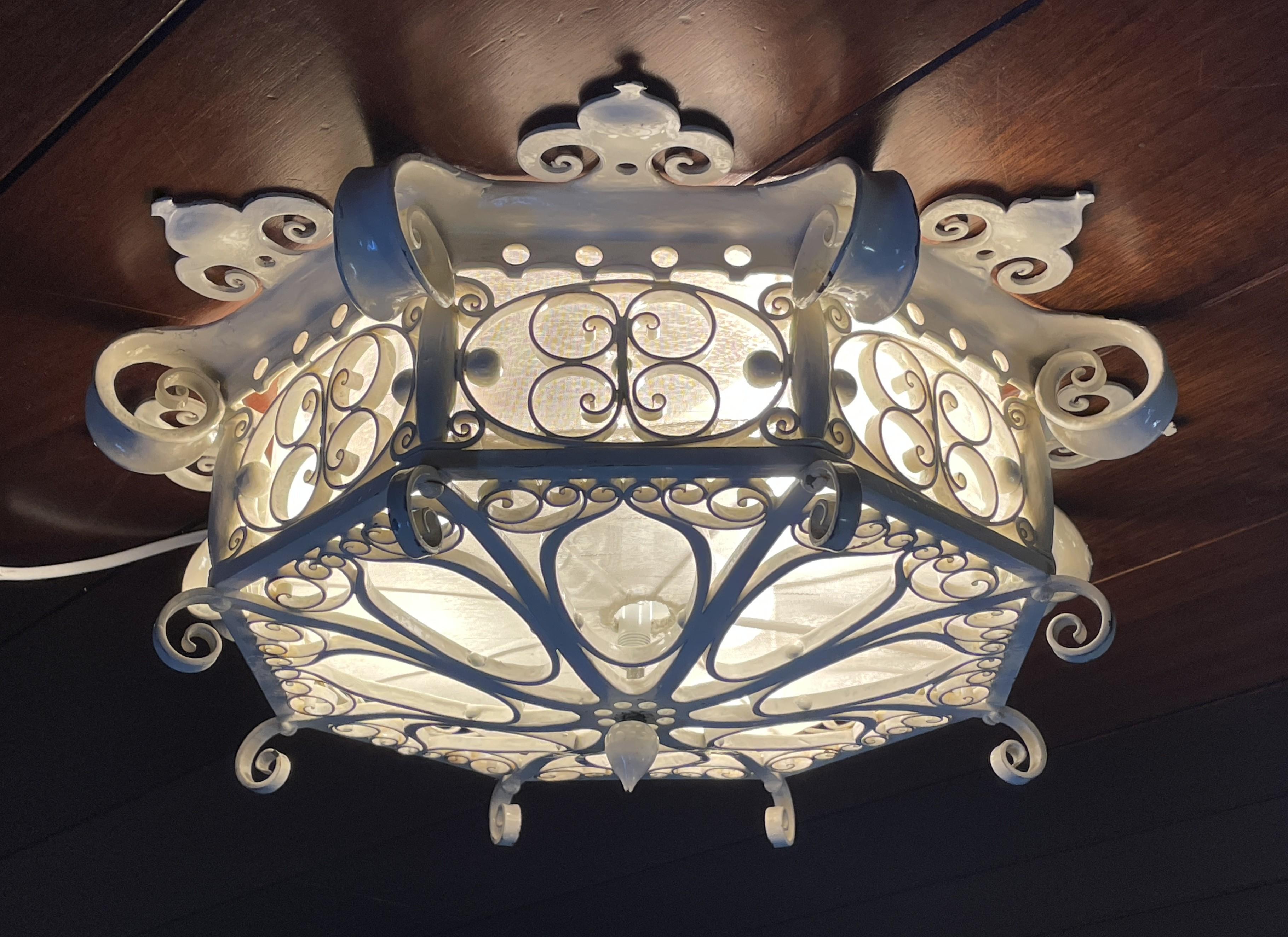 Great Workmanship White Painted Wrought Iron 3-Light Flush Mount / Ceiling Lamp 8