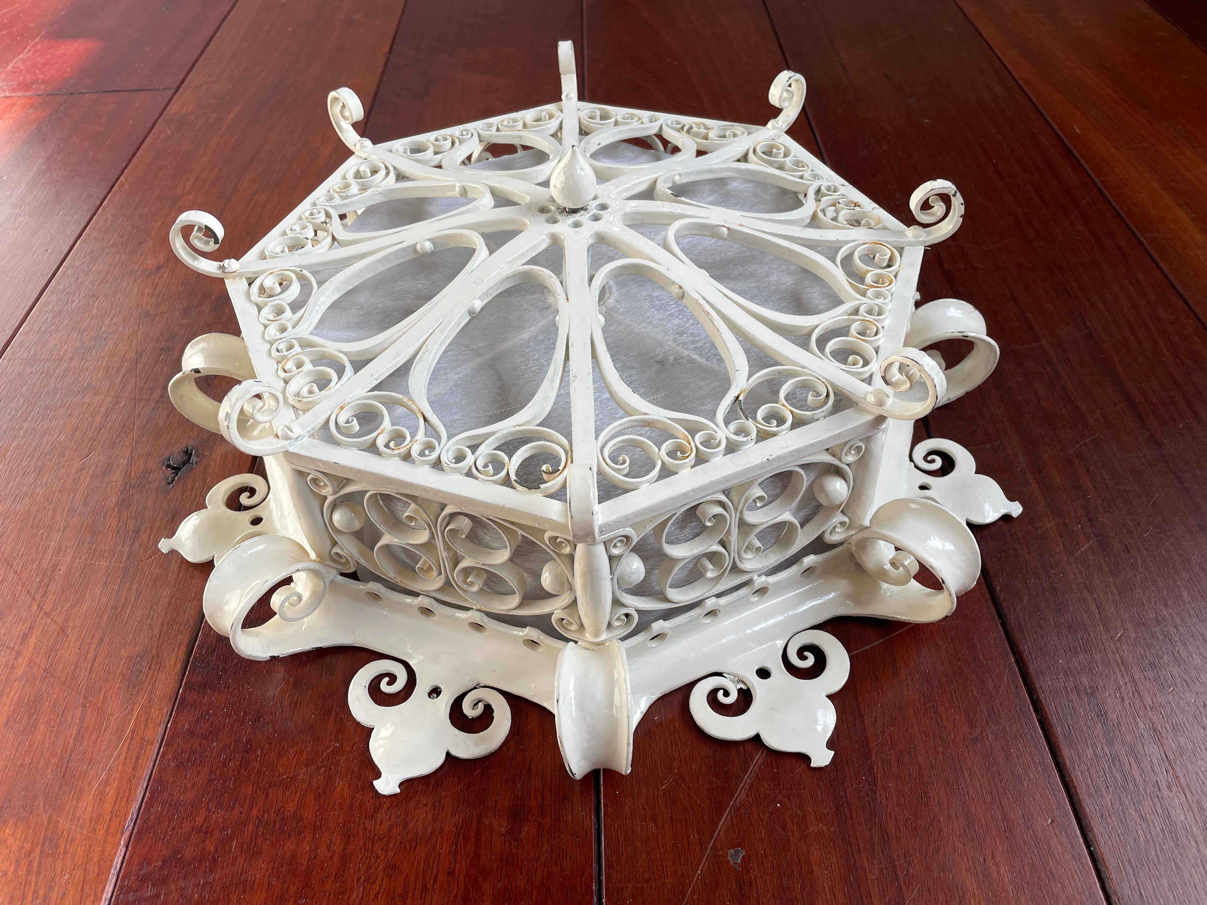 Arts and Crafts Great Workmanship White Painted Wrought Iron 3-Light Flush Mount / Ceiling Lamp