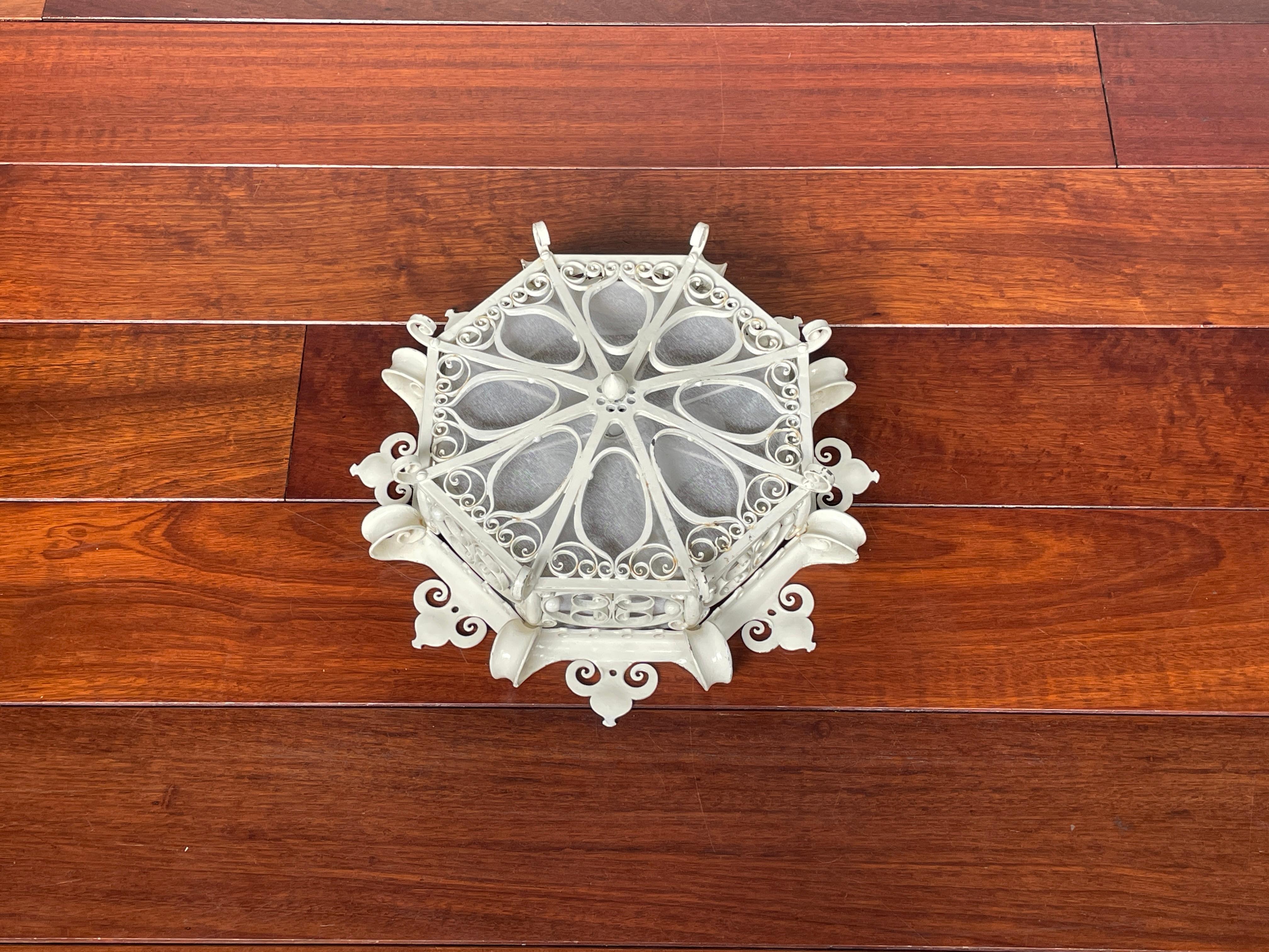 European Great Workmanship White Painted Wrought Iron 3-Light Flush Mount / Ceiling Lamp