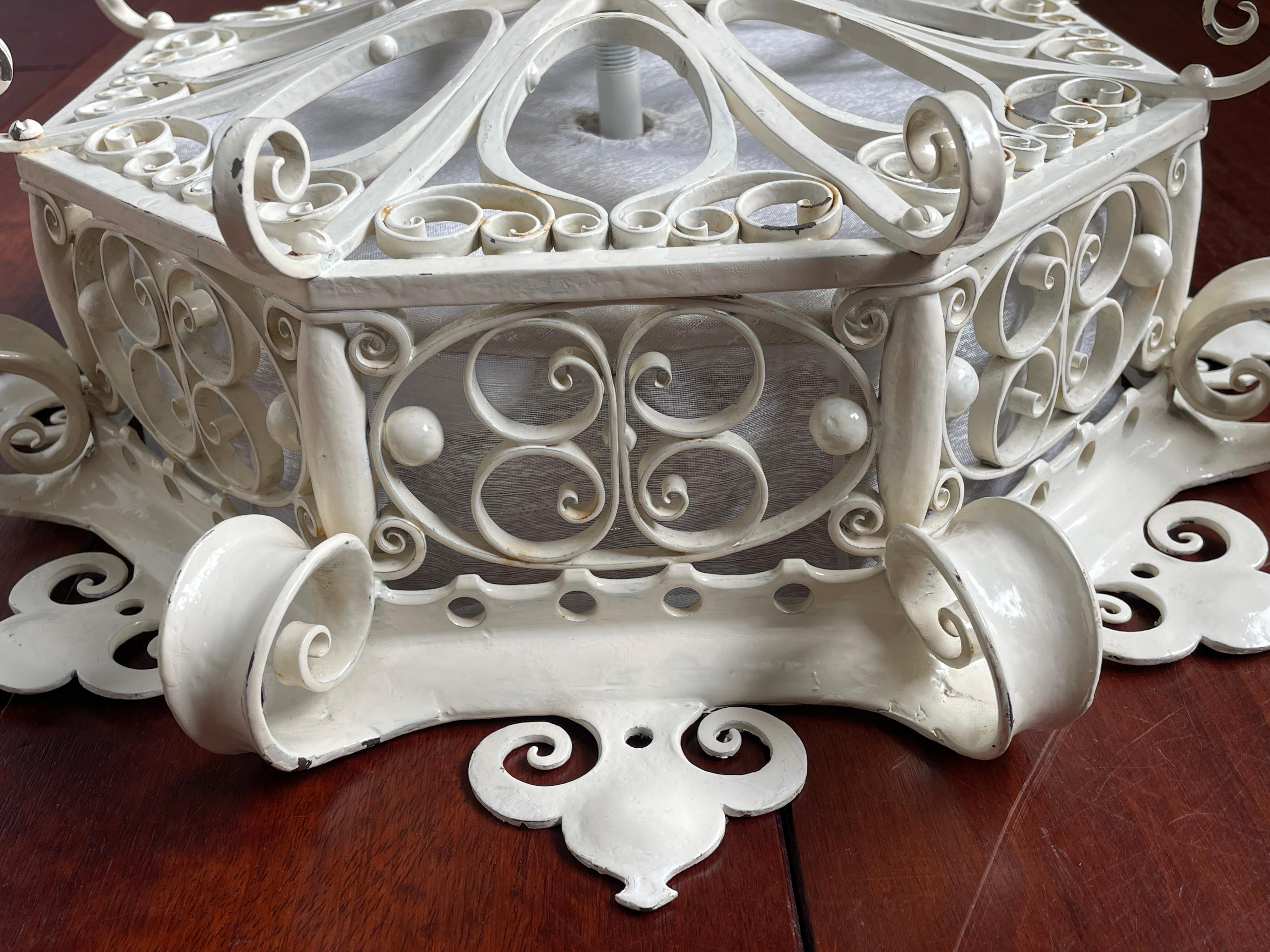 Great Workmanship White Painted Wrought Iron 3-Light Flush Mount / Ceiling Lamp In Good Condition In Lisse, NL