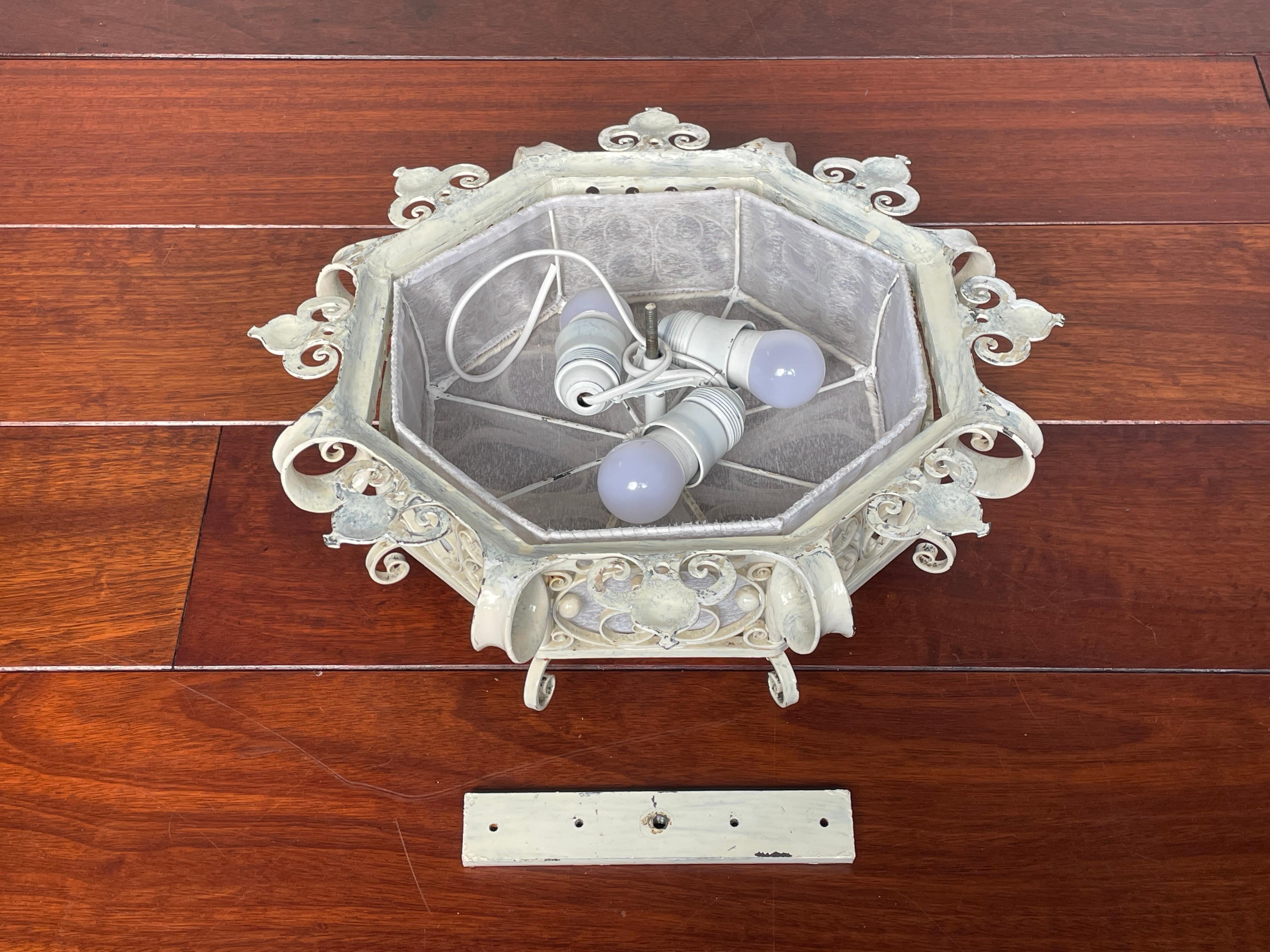 20th Century Great Workmanship White Painted Wrought Iron 3-Light Flush Mount / Ceiling Lamp