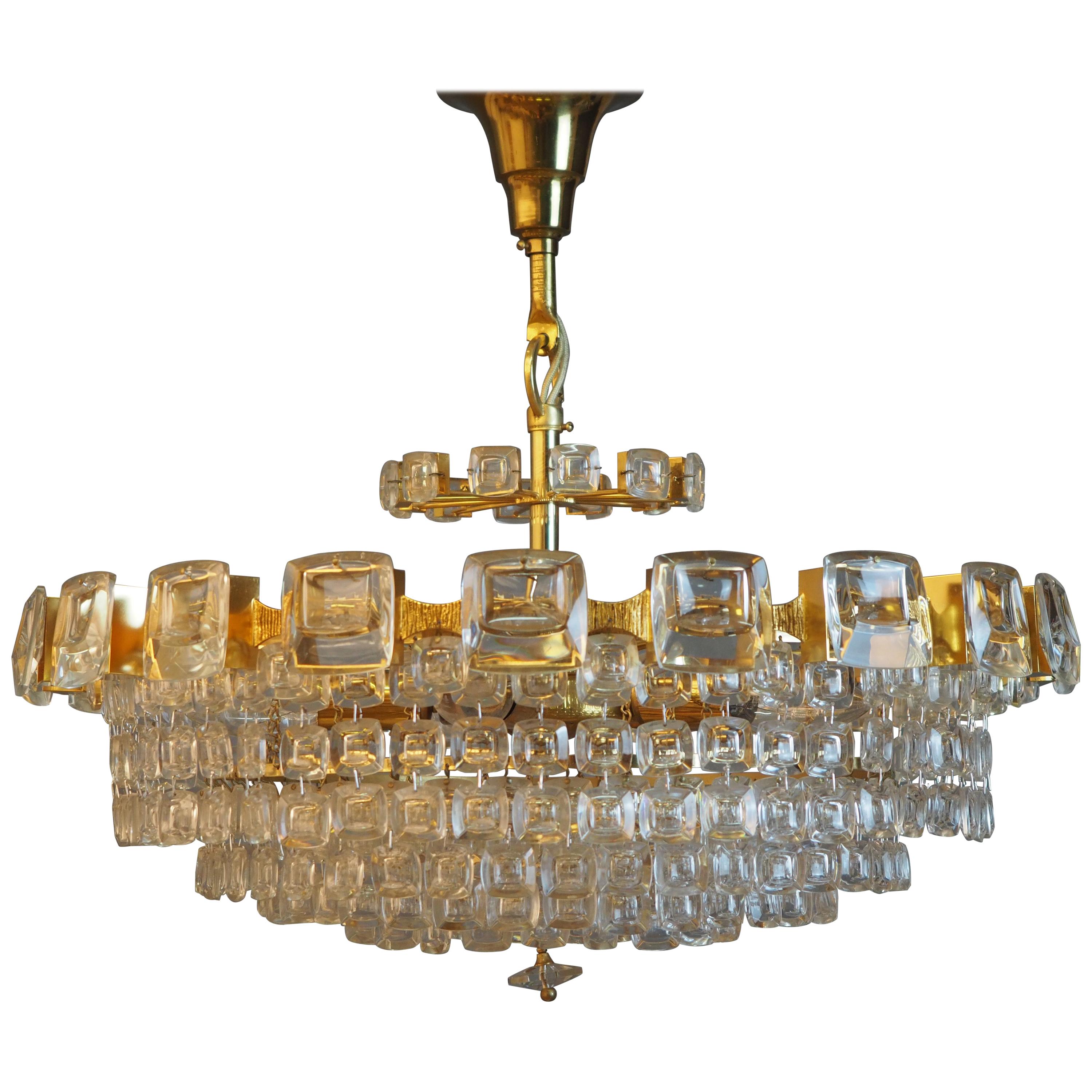 Great Six-Tiered Gilt Brass and Lens Glass Chandelier by Palwa, circa 1970s For Sale