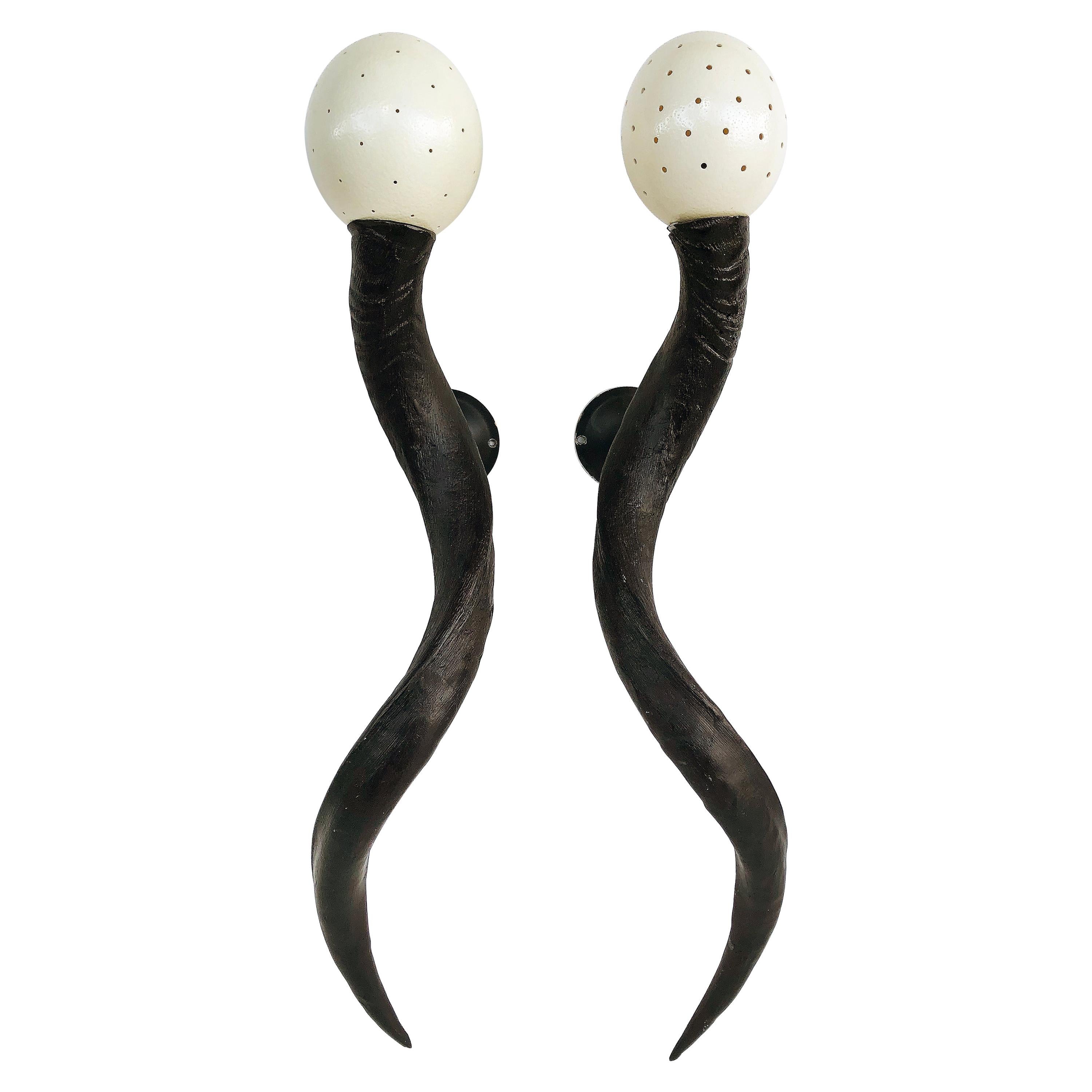 Greater Kudu Horn and Ostrich Egg Shell Sconces, a Pair