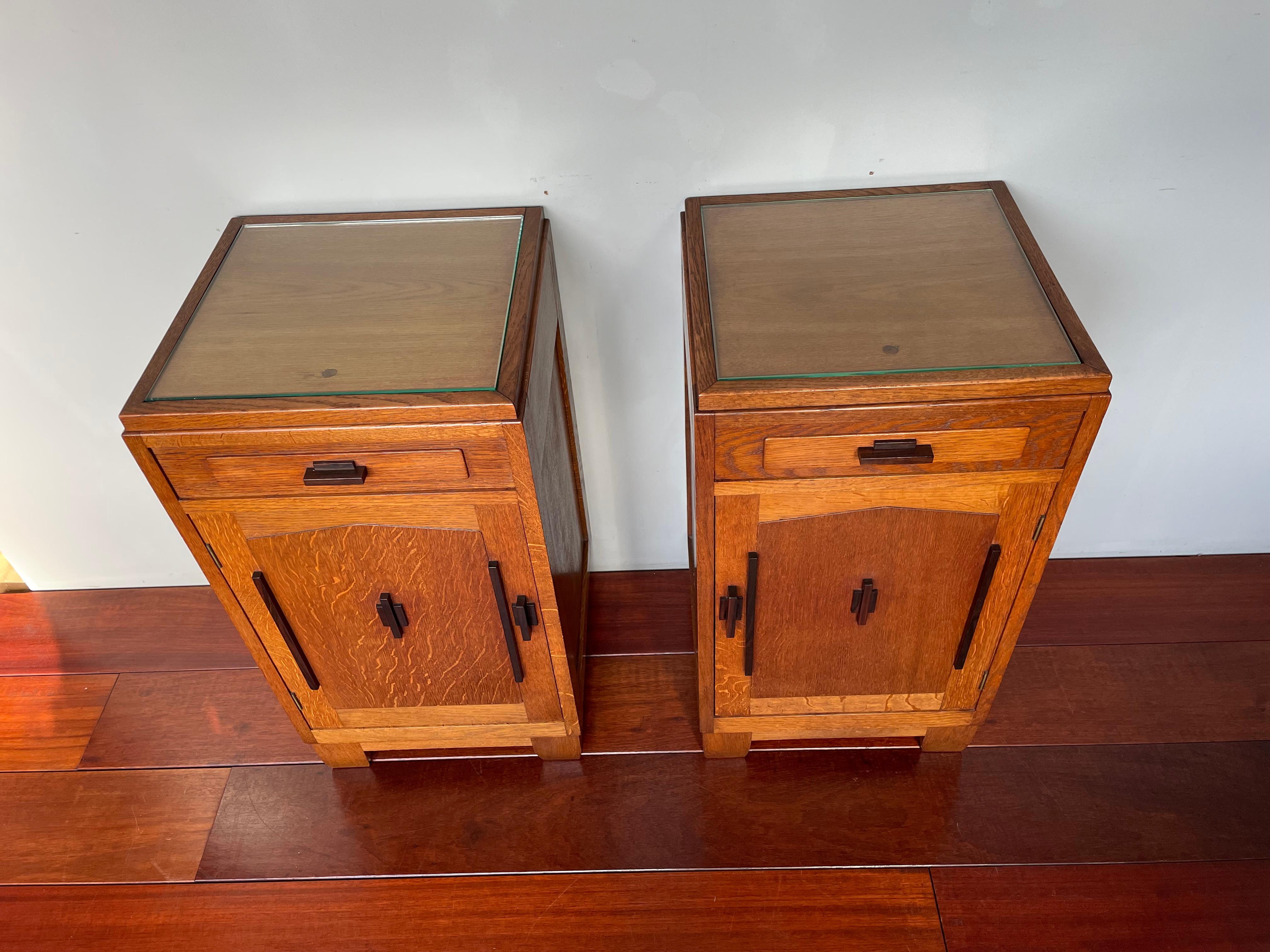 Greatest Pair of Oak & Coromandel Dutch Arts & Crafts Bedside Tables Nightstands 12