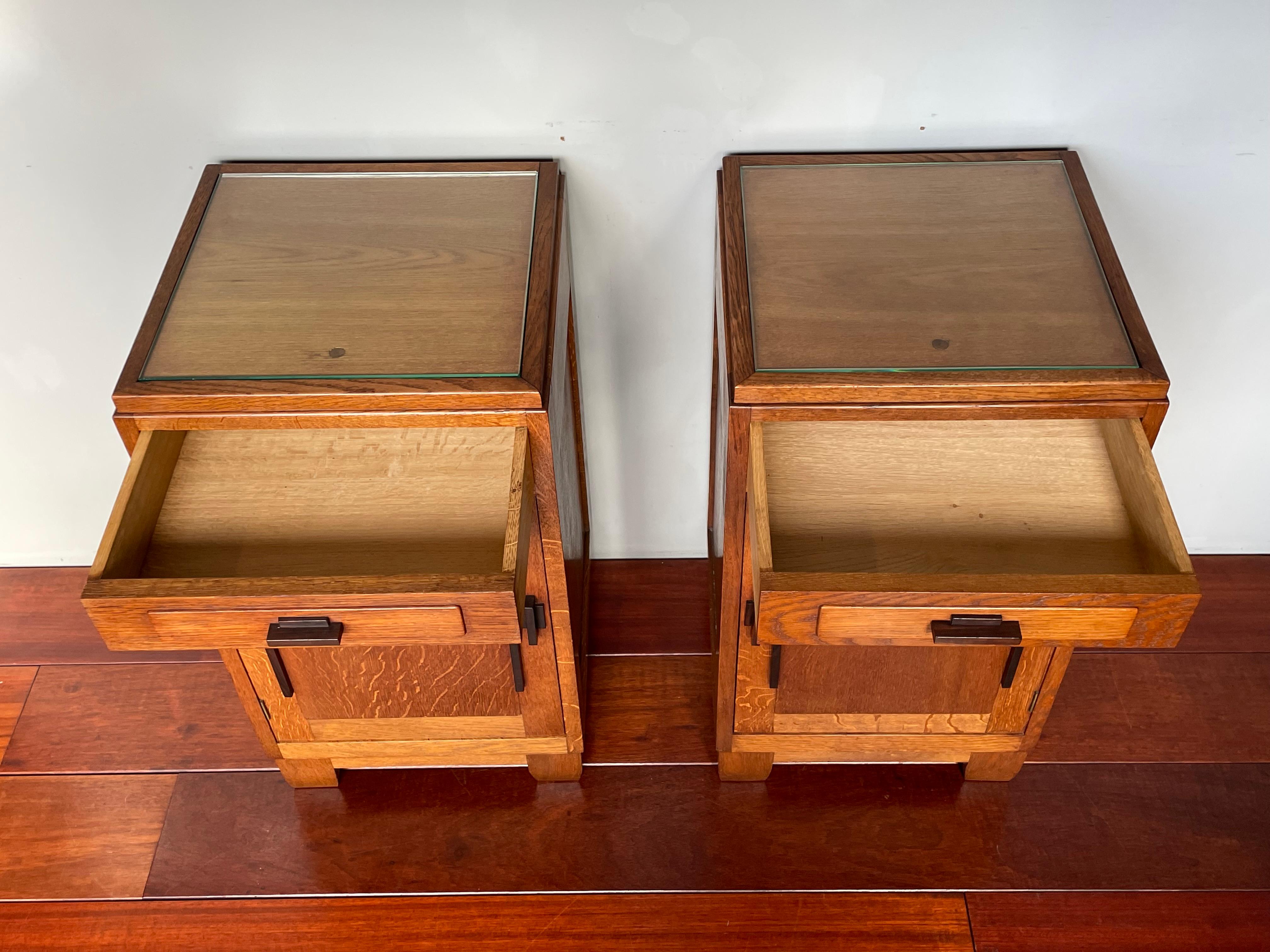 Greatest Pair of Oak & Coromandel Dutch Arts & Crafts Bedside Tables Nightstands 2