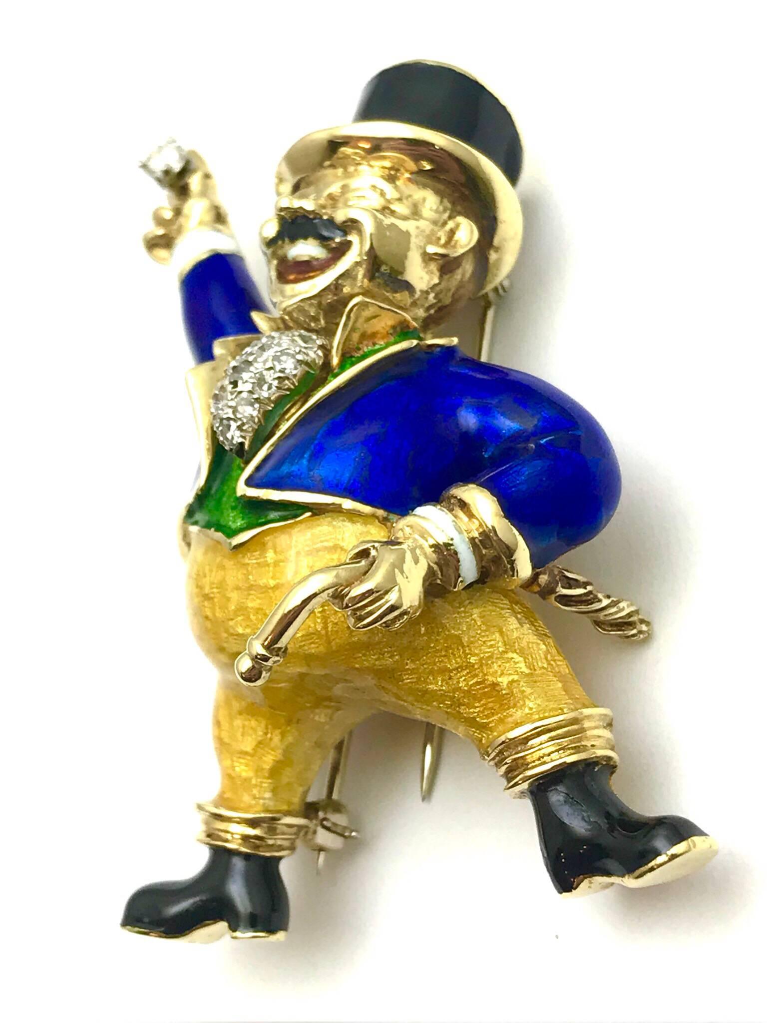 Retro Greatest Showman Ringmaster Brooch of Diamond Enamel and Yellow Gold