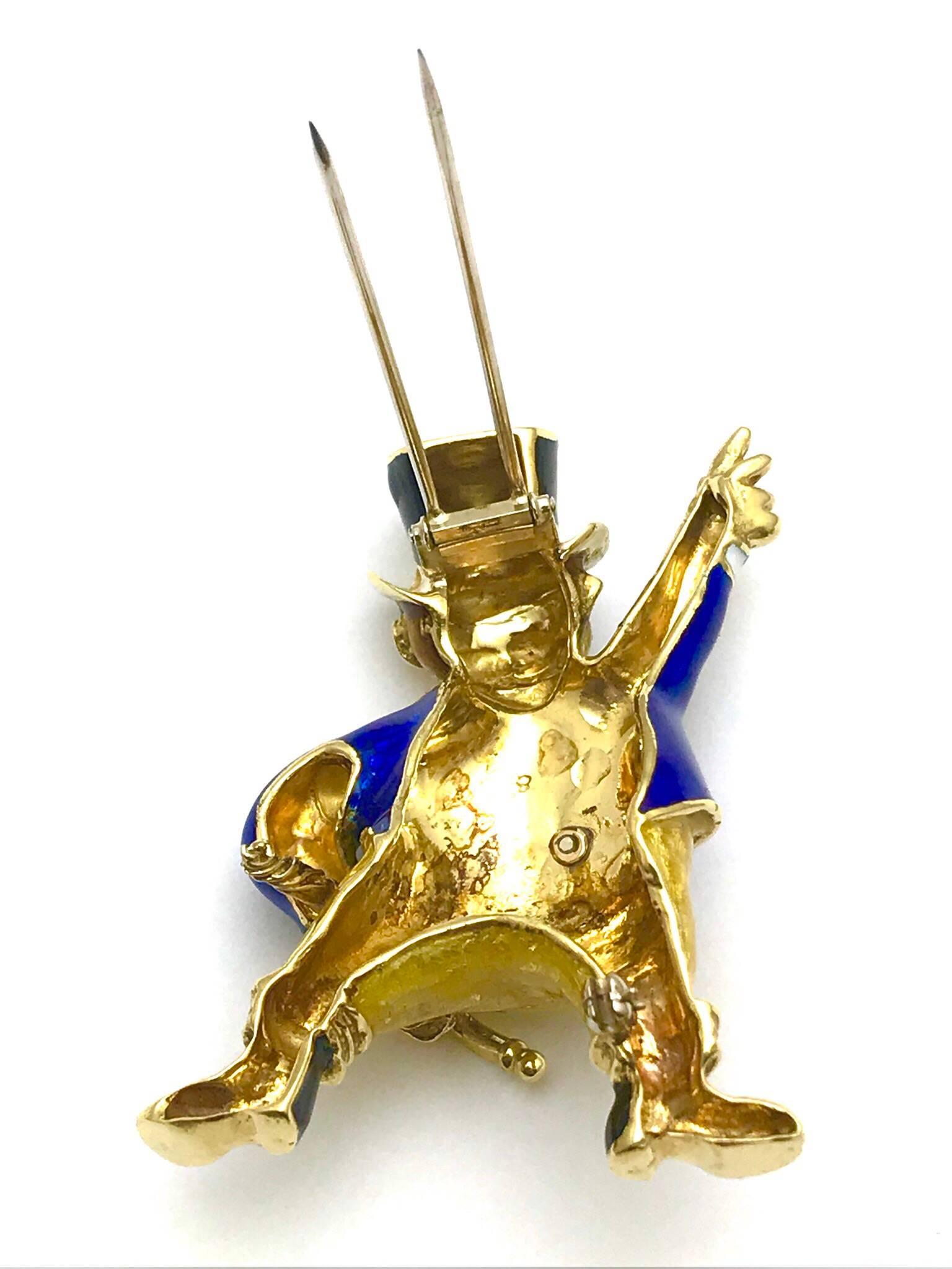 Women's or Men's Greatest Showman Ringmaster Brooch of Diamond Enamel and Yellow Gold