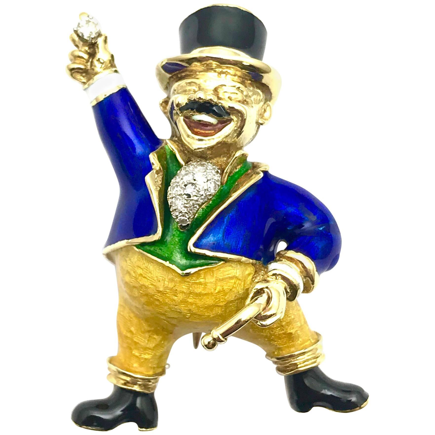 Greatest Showman Ringmaster Brooch of Diamond Enamel and Yellow Gold