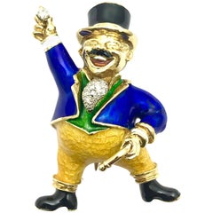 Vintage Greatest Showman Ringmaster Brooch of Diamond Enamel and Yellow Gold