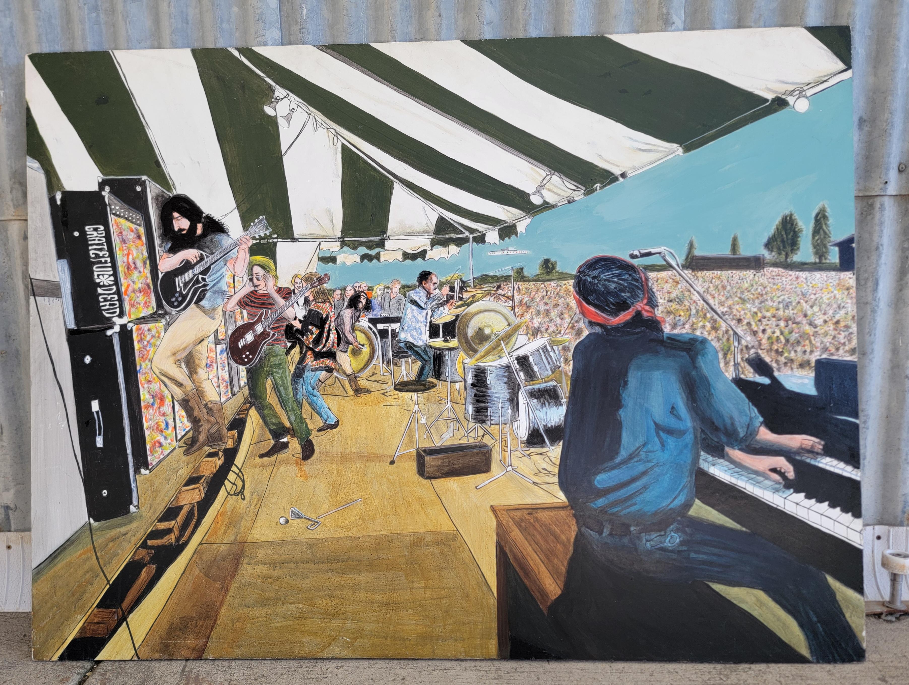 Un dipinto originale di grandi dimensioni che ritrae i Grateful Dead sul palco di un concerto rock. Scritta sul verso 