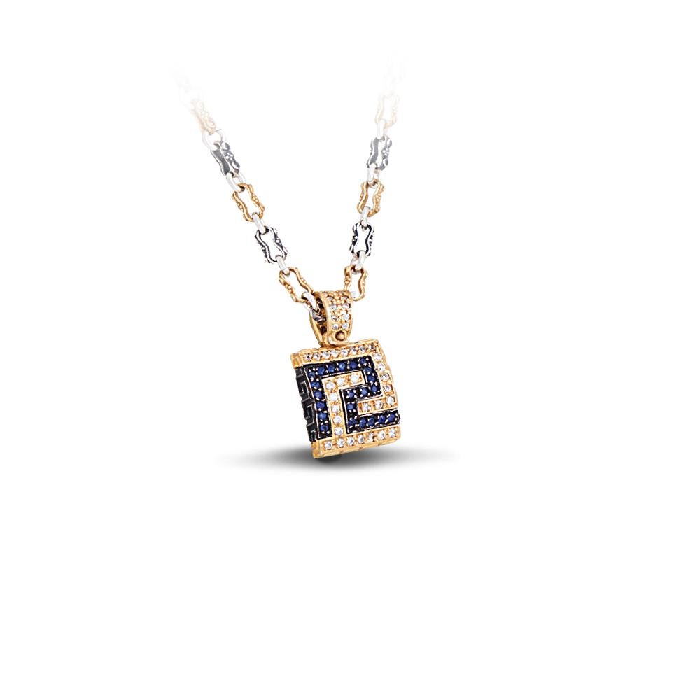 Greek Revival Greca Pave Pendant with Zircon and Tricolor Chain, Dimitrios Exclusive M287 For Sale