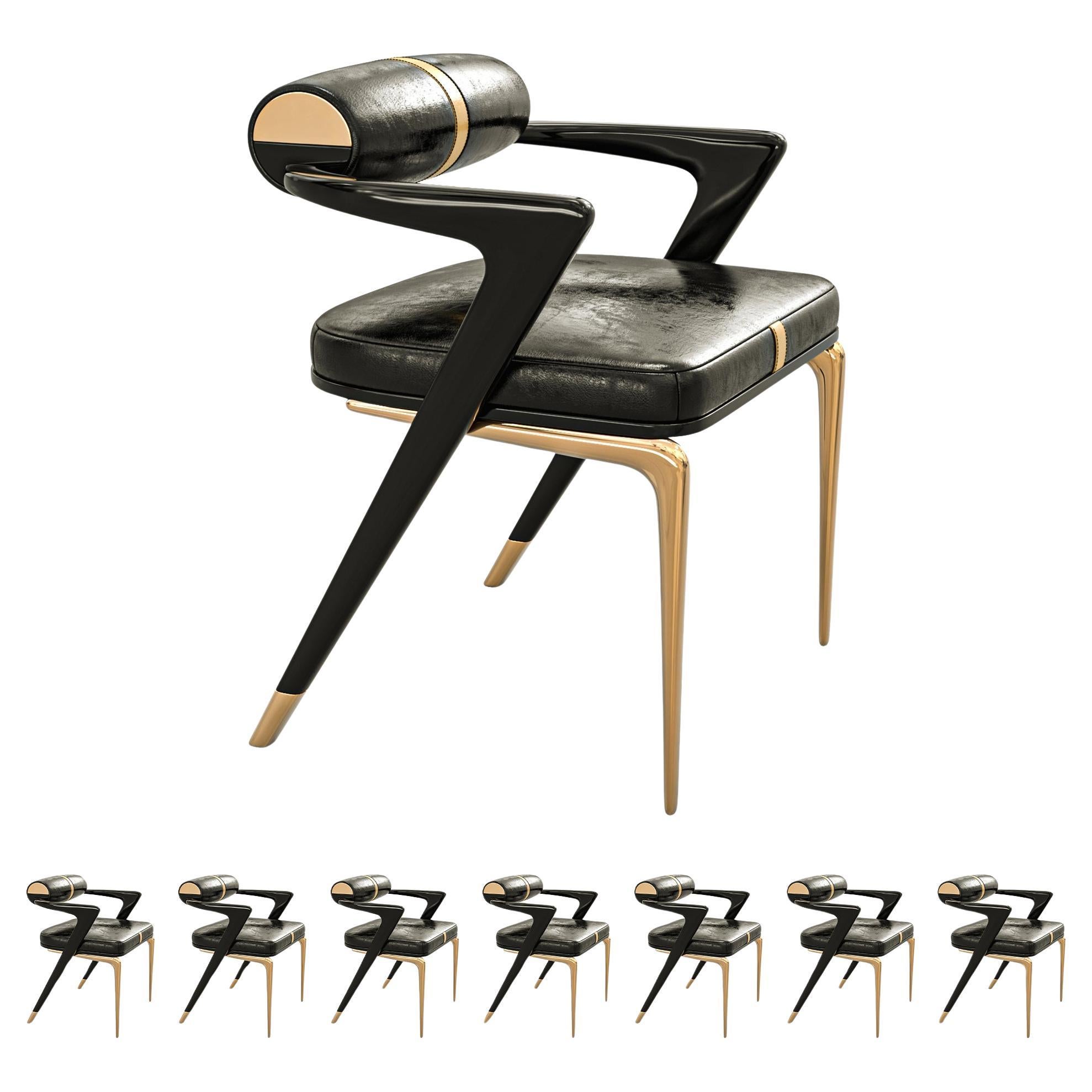 Stuhl "Grecale", Satz von acht, mit Bronze und Edelstahl, Leder, Istanbul