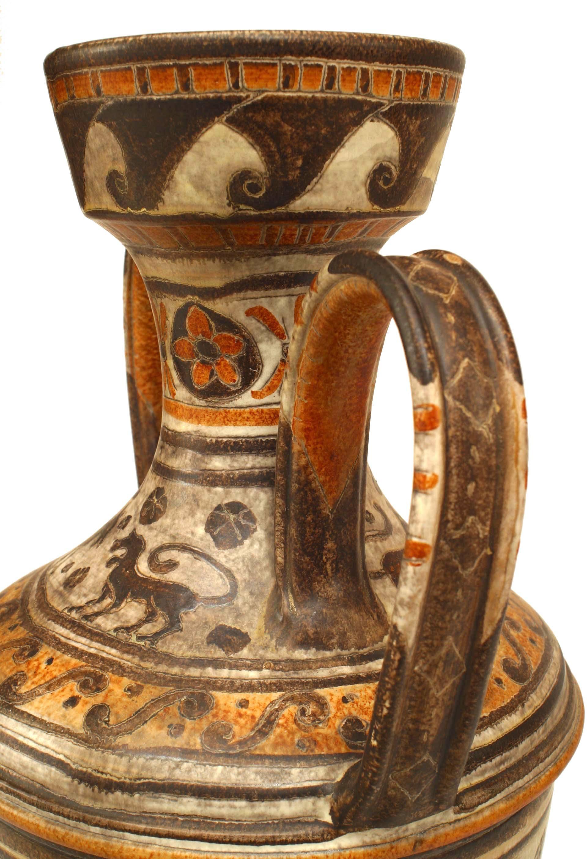 Grecian Etruscan style (Italian 1940s) glazed earthenware handled large vase with animal and geometric decoration in various shades of brown.
 