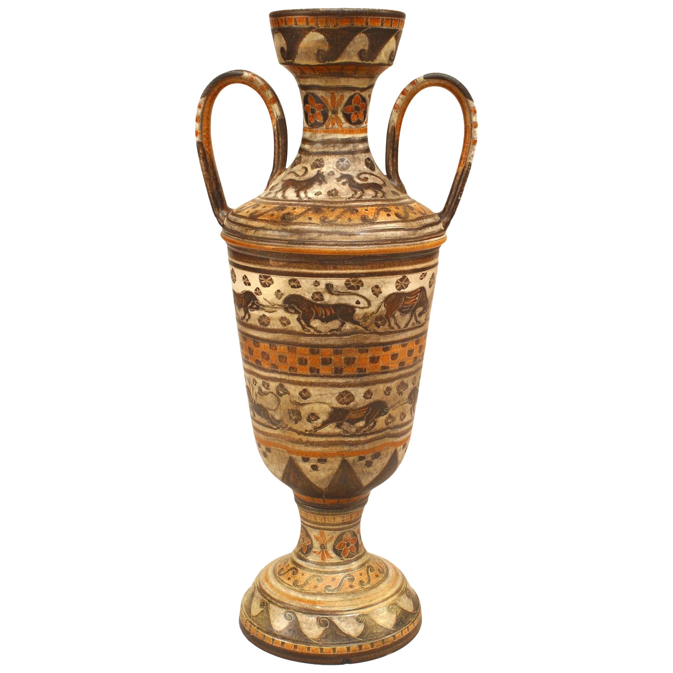 Grecian Etruscan Style 'Italian 1940s' Glazed Earthenware Handled Large Vase