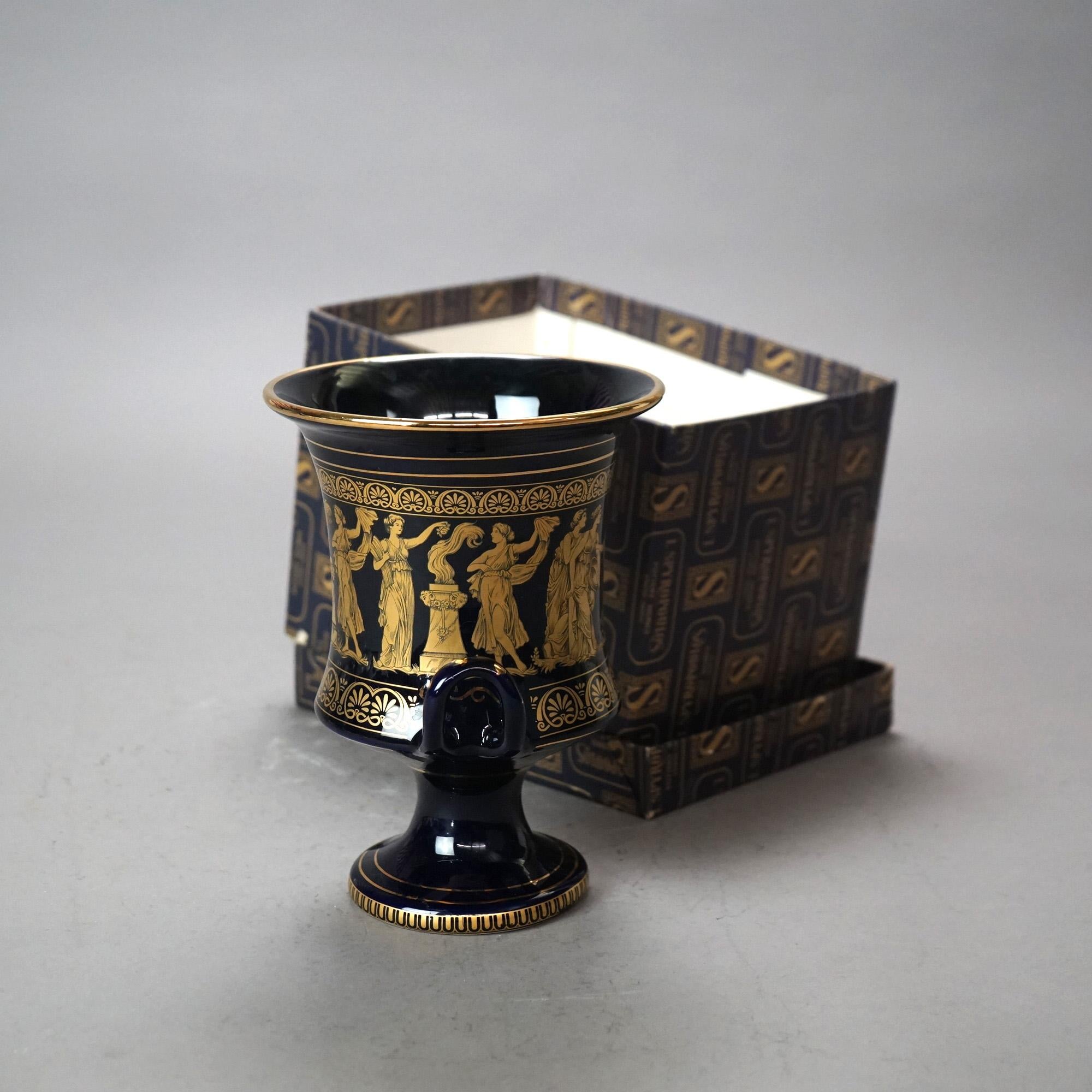 20th Century Grecian I. Spyropoulos Greek Neoclassical Gilt Porcelain Urn with Figures 20thC For Sale