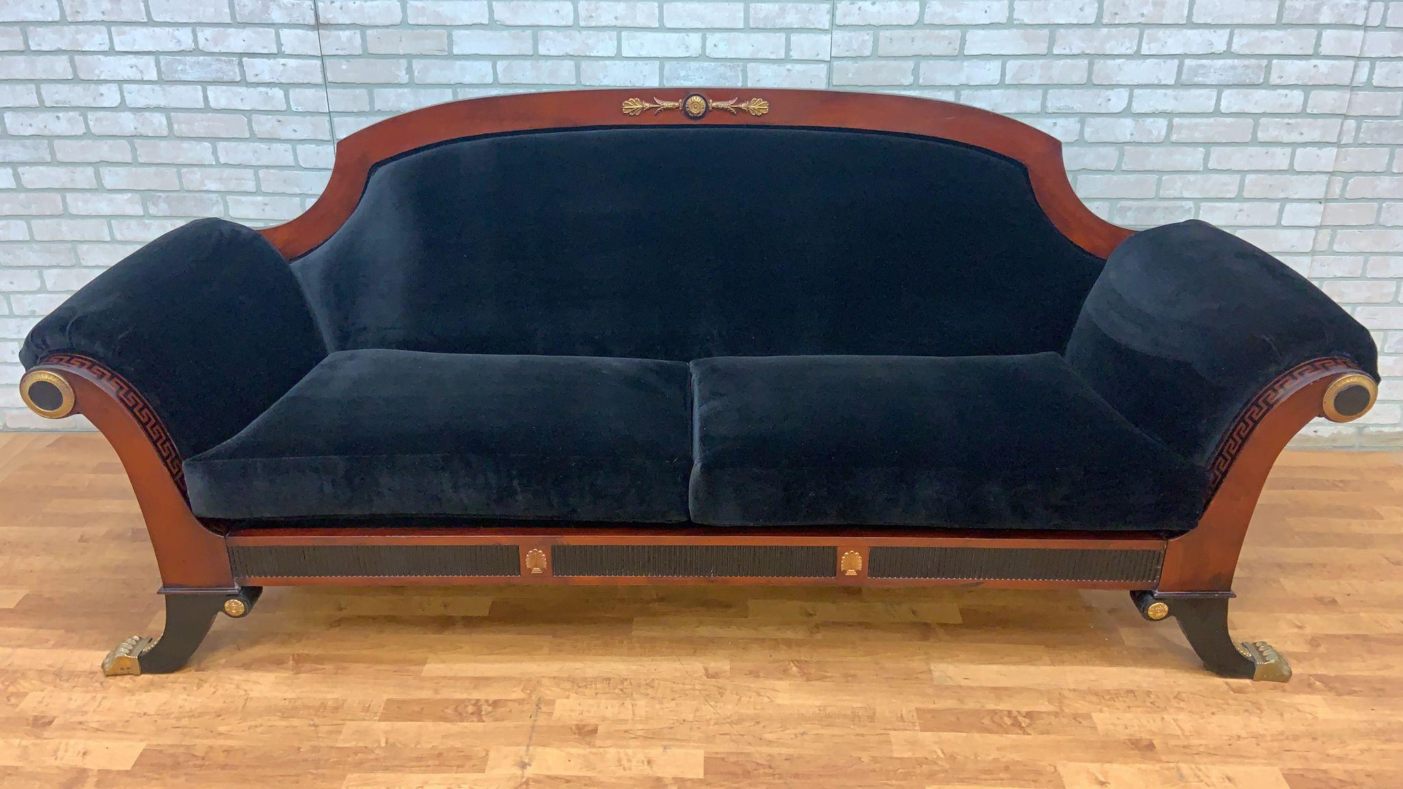 Antique Grecian Mahogany Scroll Arm Sofa with Brass Mounted Decorative Trim and Paw-Foot Guards Newly Upholstered in Plush Black Italian Velvet

Classic carved mahogany Grecian sofa, newly upholstered in a high end plush black Italian velvet with