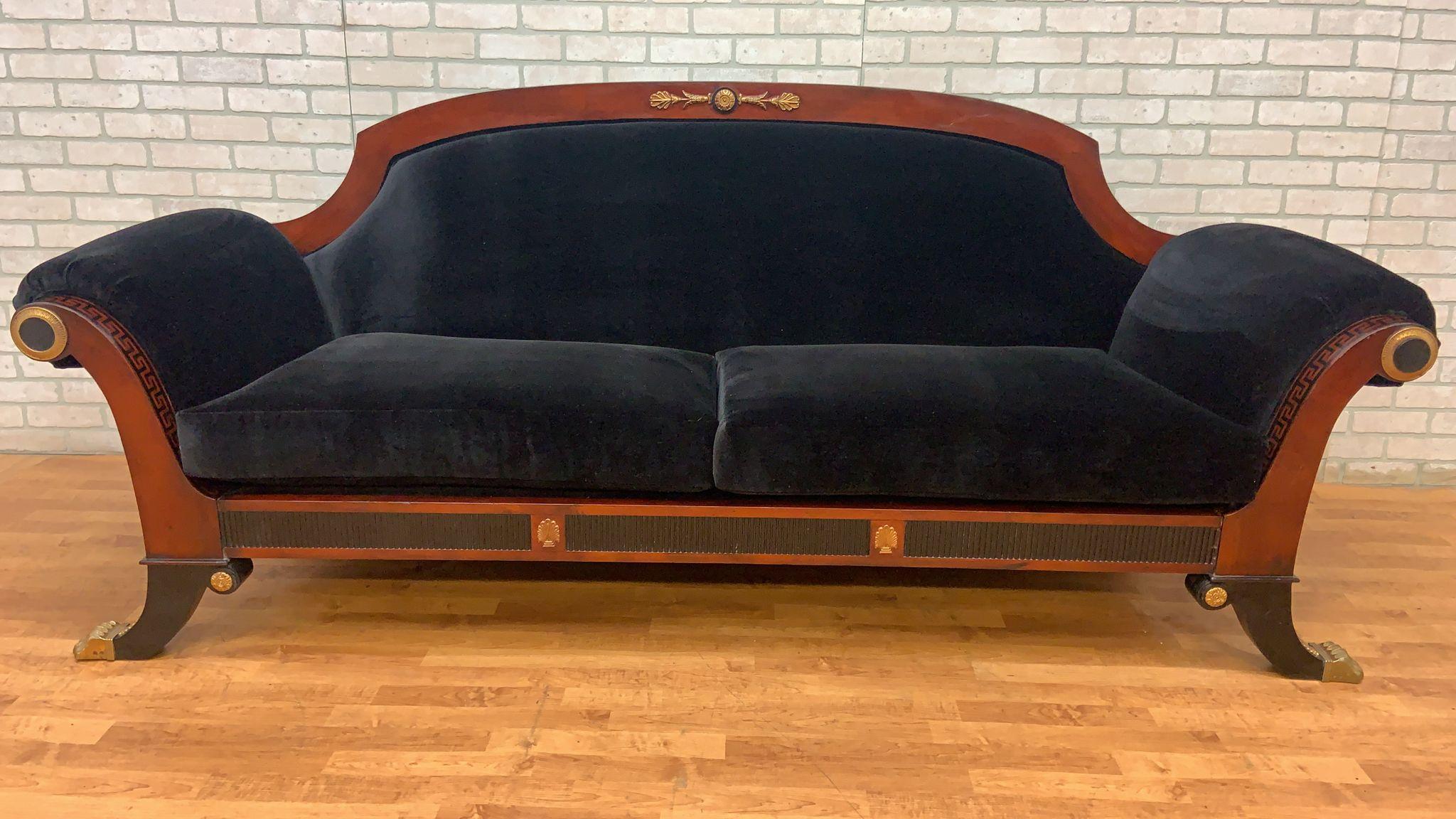 Classical Greek Grecian Mahogany Scroll Arm Sofa with Brass Trim Newly Upholstered in Velvet For Sale