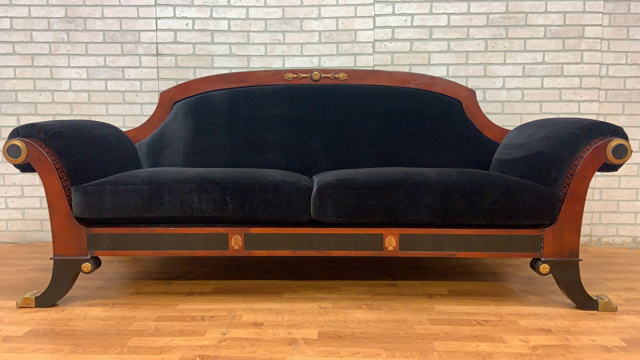 Late 19th Century Grecian Mahogany Scroll Arm Sofa with Brass Trim Newly Upholstered in Velvet For Sale