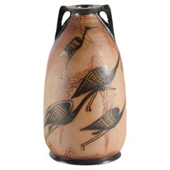 Grecian-style Ceramic Vase with Cranes, Ciboure Pottery, France, 1930s