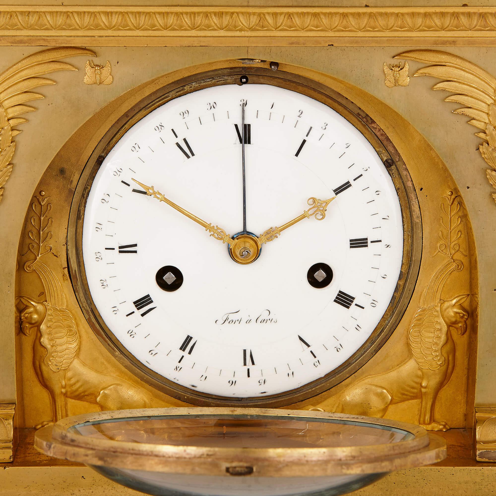 Neoclassical Grecian Style Napoleonic Gilt Bronze and Marble Mantel Clock