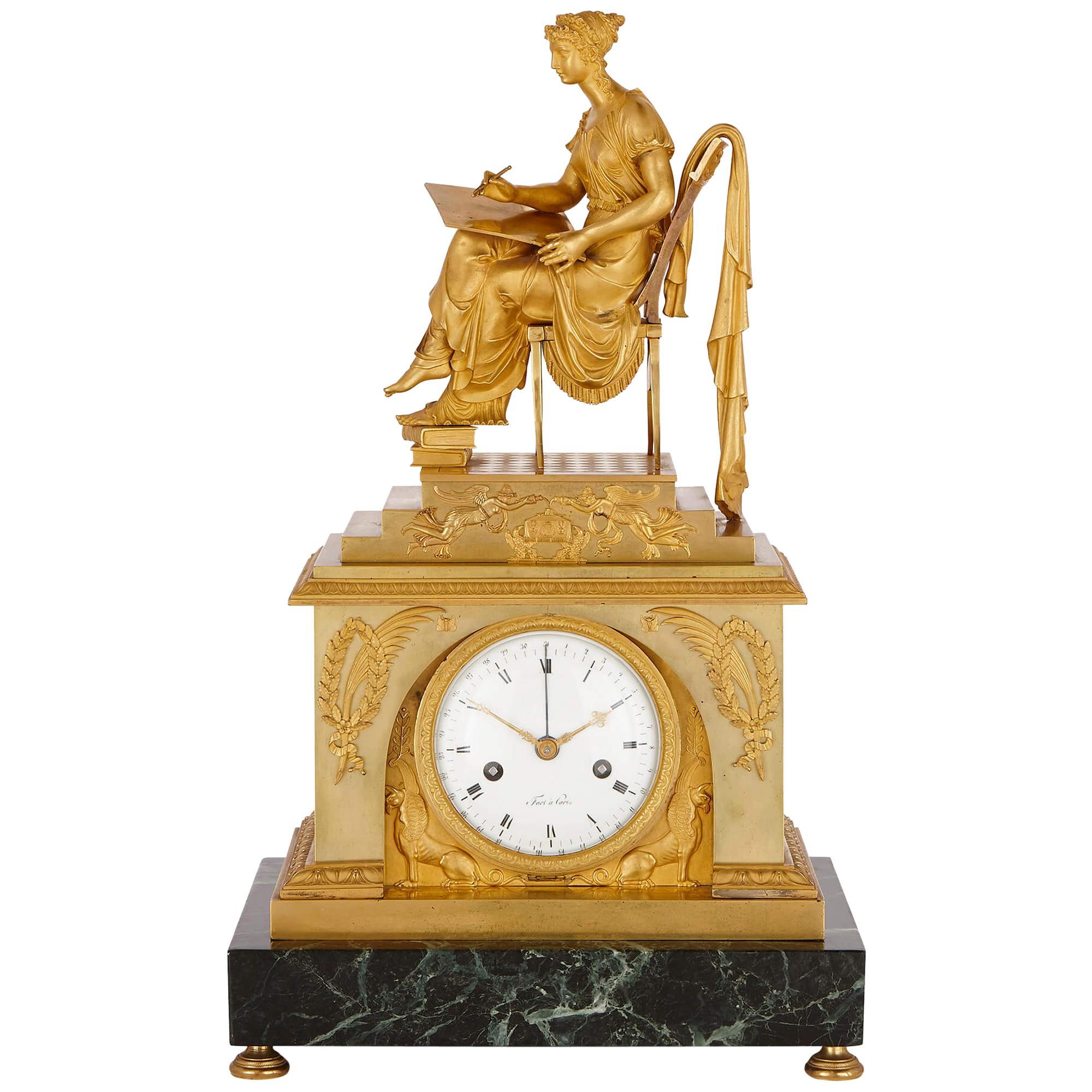 Grecian Style Napoleonic Gilt Bronze and Marble Mantel Clock