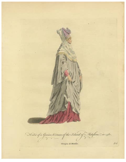 Grecian Woman of Meteline Costume Print, Hand-Colored Jefferys 1749