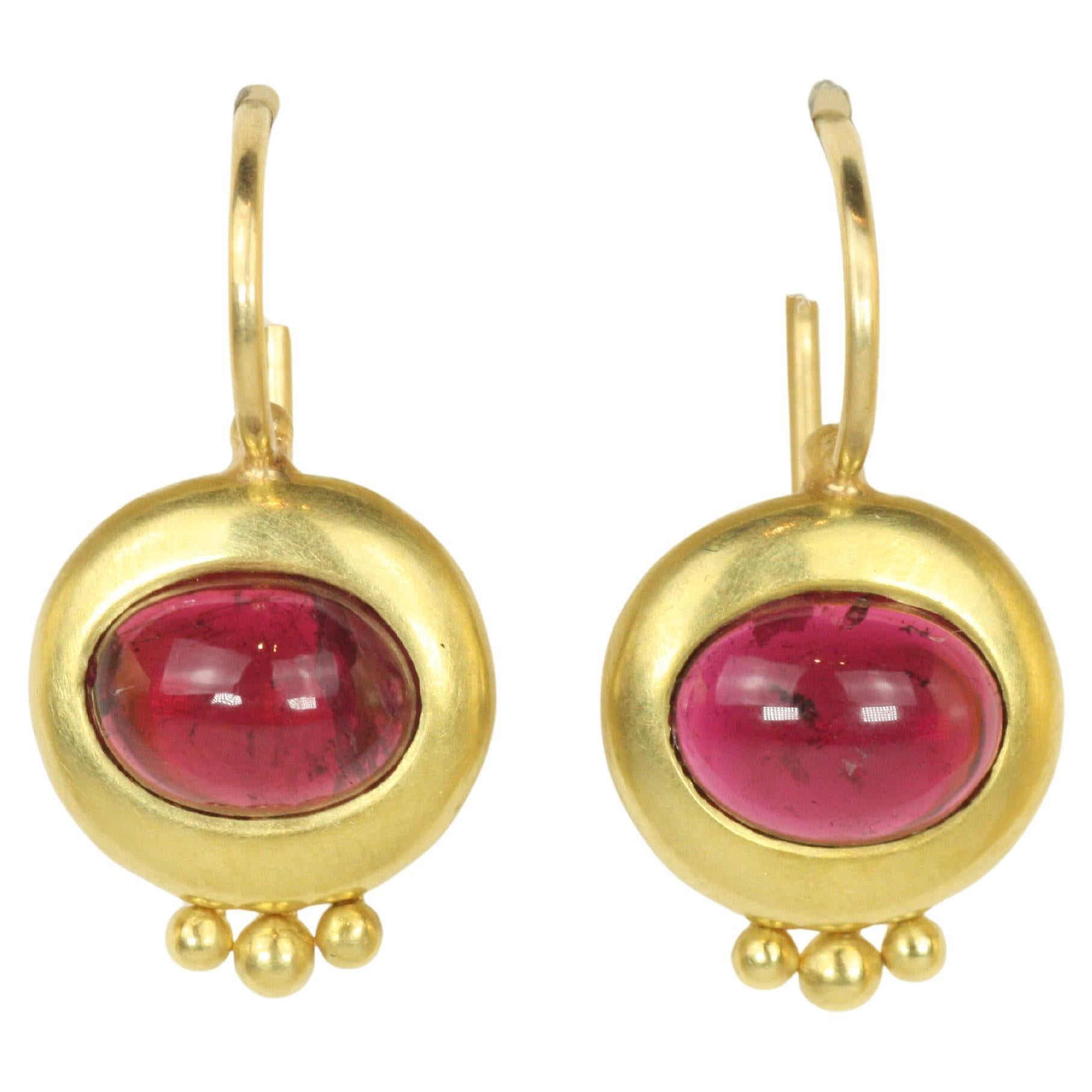 Greco Drop Earrings with Cabochon Rubellite Tourmaline in 20K California Gold