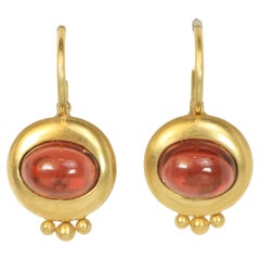 Greco Drop Earrings with Oval Cabochon Garnets in 22K Yellow Gold by Bracken