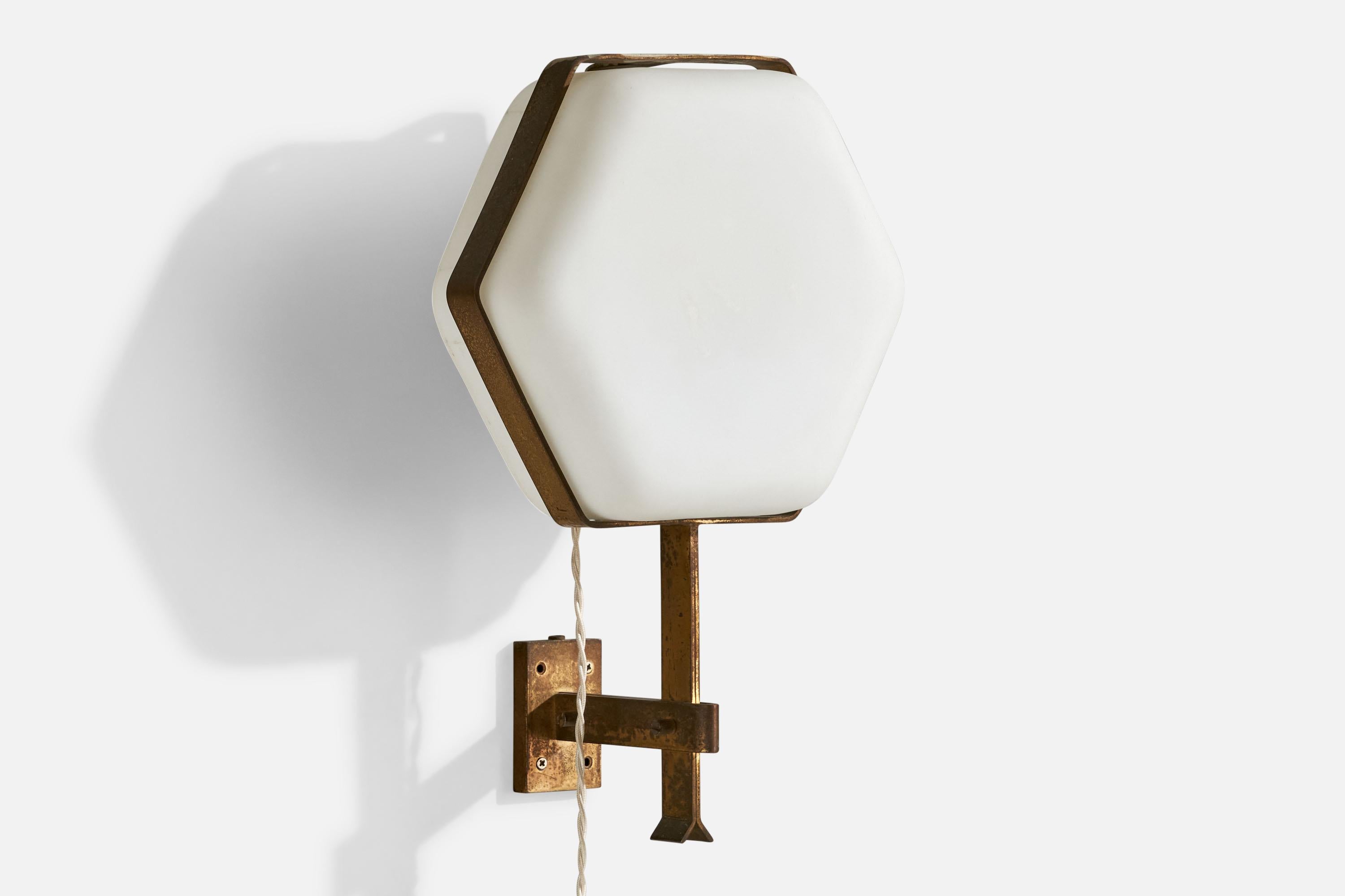A brass and glass wall light designed and produced by Greco Illuminazione, Italy, c. 1950s.

Overall Dimensions (inches):  13.5” H x 10.5” W x  6.125“ D

Back Plate Dimensions (Inches):  3.25” H x 2” W x .5” D

Bulb Specifications: E-26 Bulb

Number